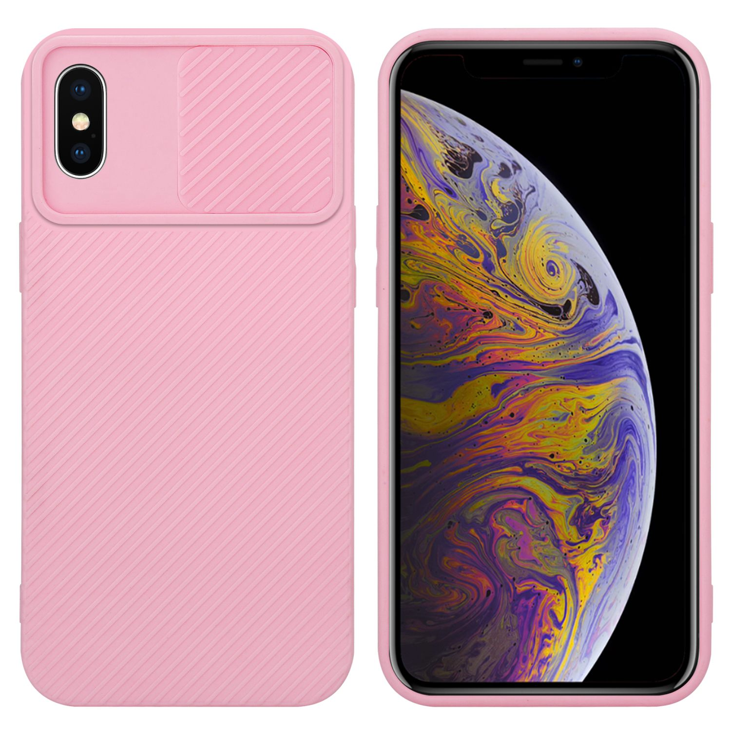 Rosa Handyhülle mit Kameraabdeckung und ein Telefon mit farbenfrohem Display auf weißem Hintergrund.