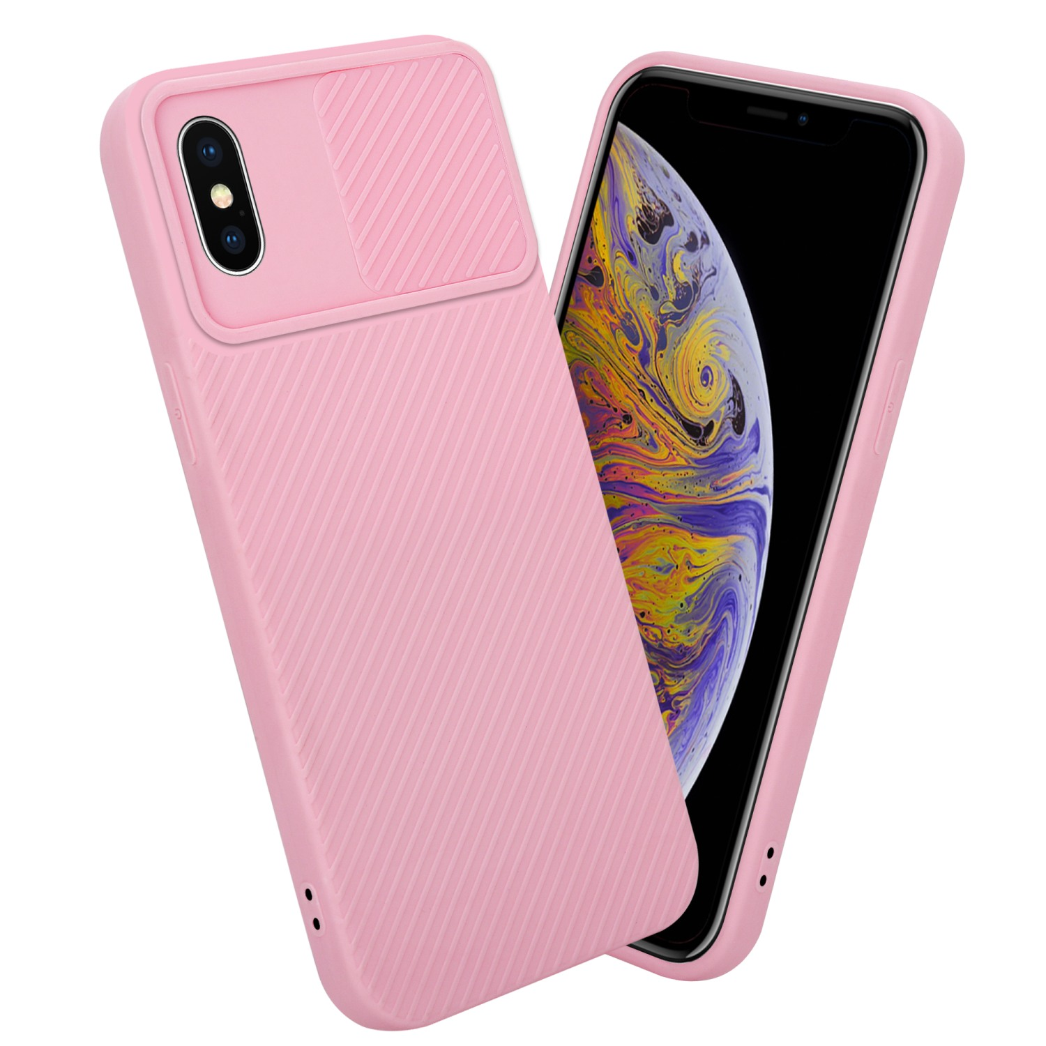 Rosa Handyhülle mit Kameraabdeckung, neben einem Telefon. Das Telefon ist auf weißem Grund.