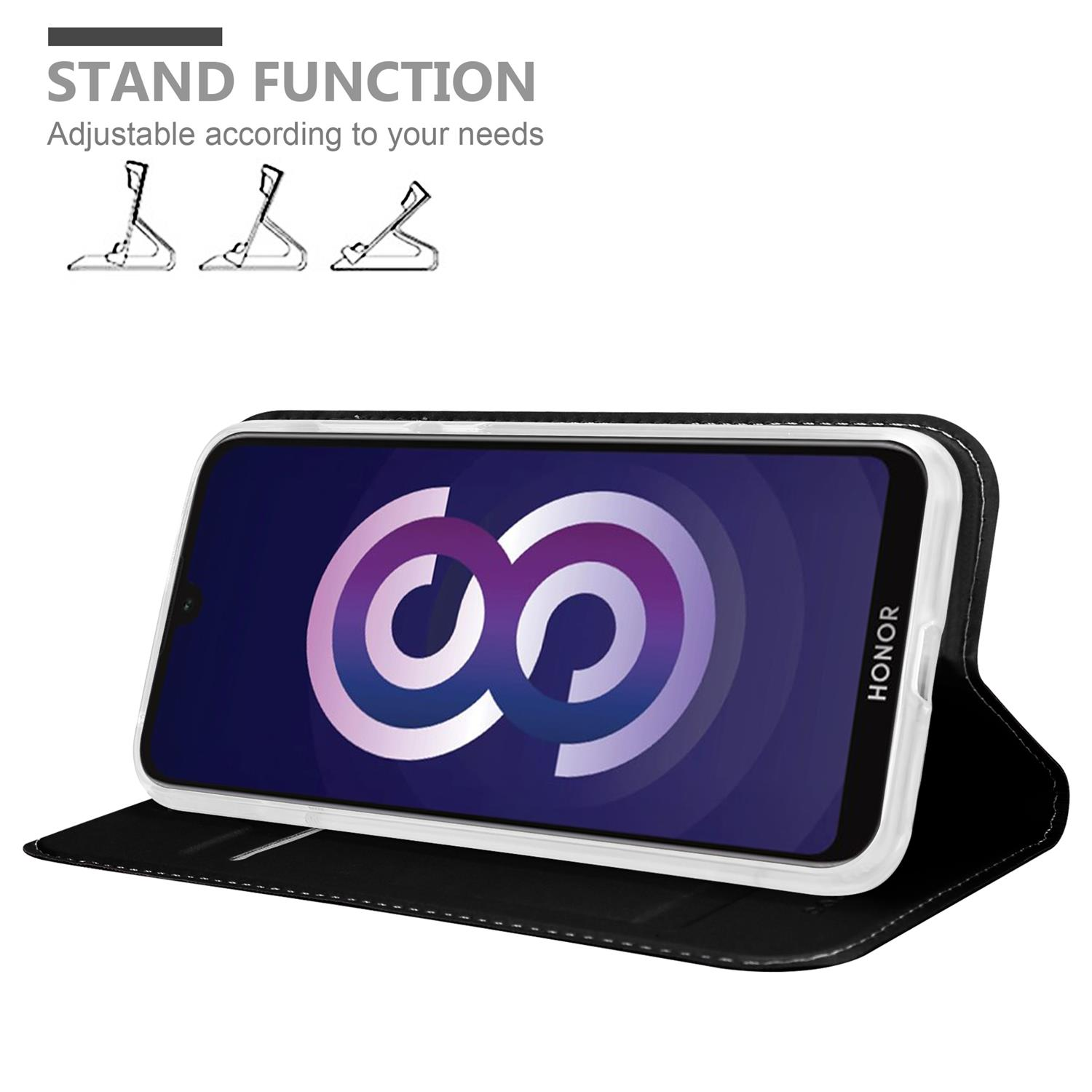 Schwarze Handyhülle mit Telefon. Honor-Logo sichtbar. Standfunktion beworben.