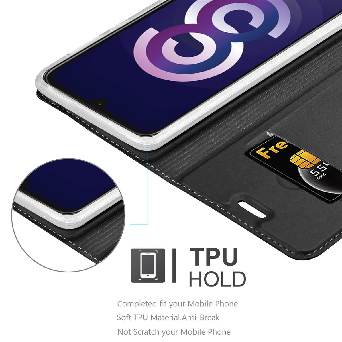 Schwarze Handyhülle, offen. Telefonbildschirm sichtbar. Eine SIM-Karte ist eingelegt. Text: TPU HOLD.