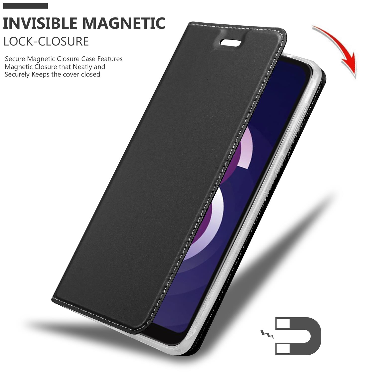 Schwarze Handyhülle mit Magnetverschluss. Die Hülle ist geöffnet und zeigt das Telefon. Ein Magnetsymbol wird ebenfalls angezeigt.
