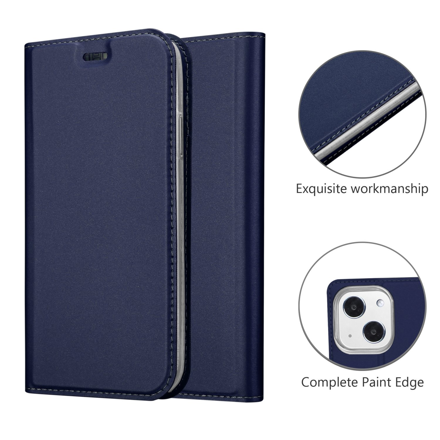 Custodia blu navy con dettagli che mostrano la maestria artigianale. Bordo verniciato completo.
