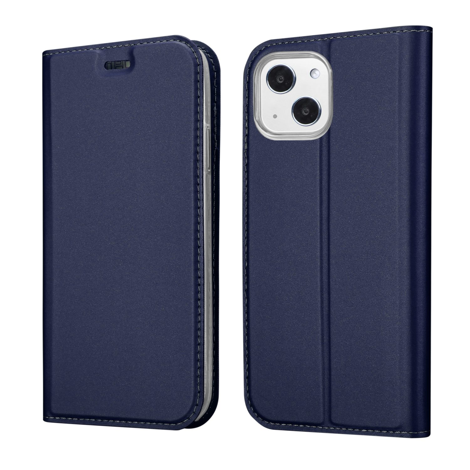 Una custodia per telefono blu scuro è mostrata aperta e chiusa, mostrando il telefono. La custodia è in similpelle con cuciture bianche.