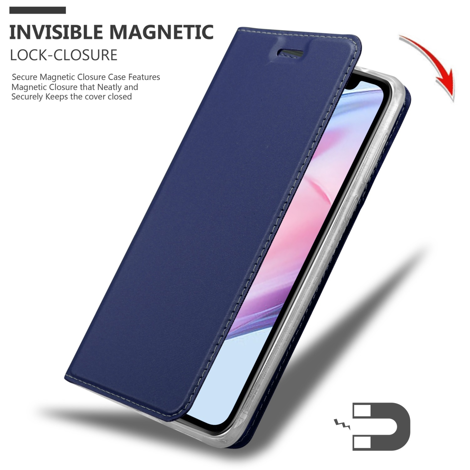 Custodia blu navy con schermo aperto e icona magnete. Testo: 'Invisible Magnetic Lock-Closure'.