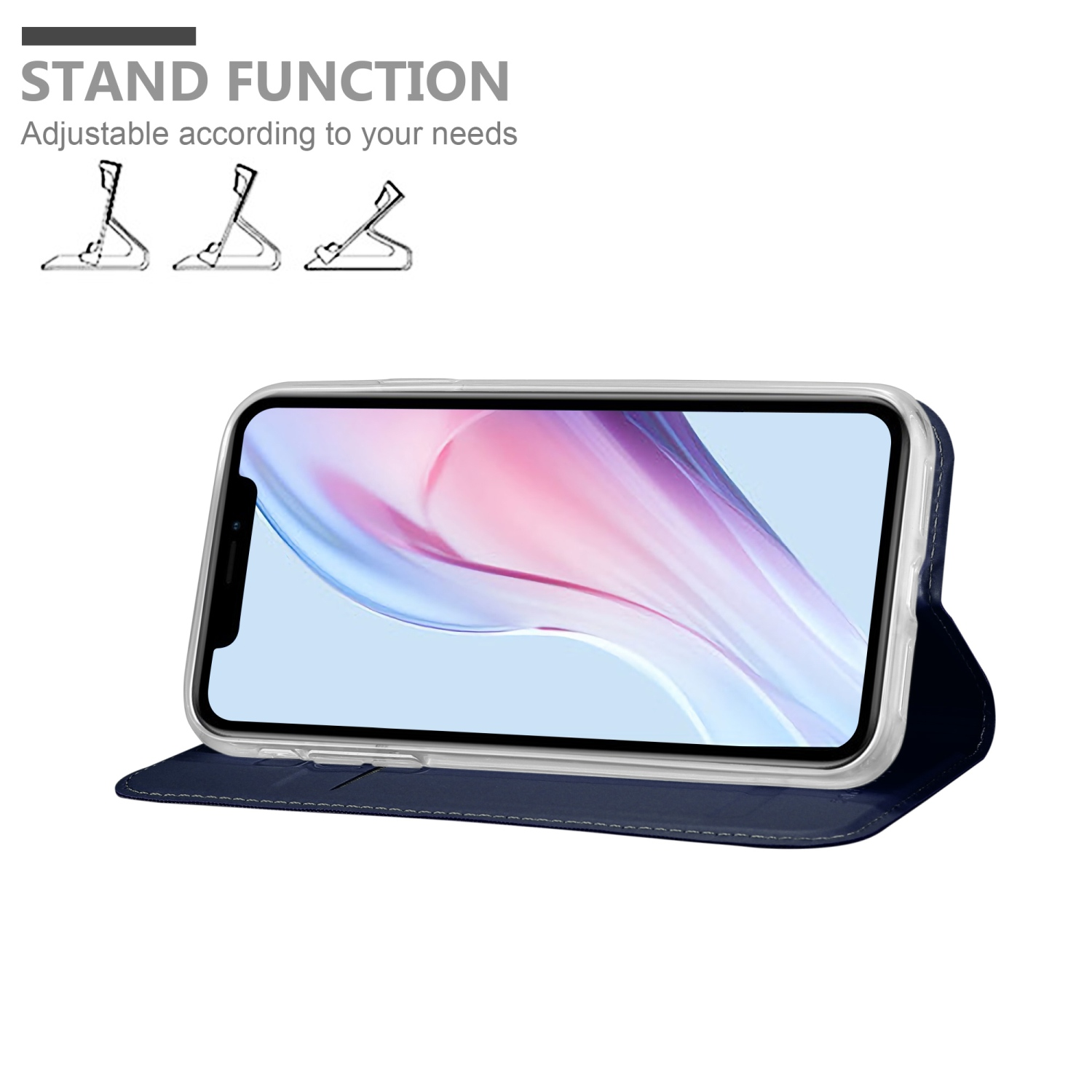 Telefono in custodia blu, che mostra la funzione stand con tre posizioni.