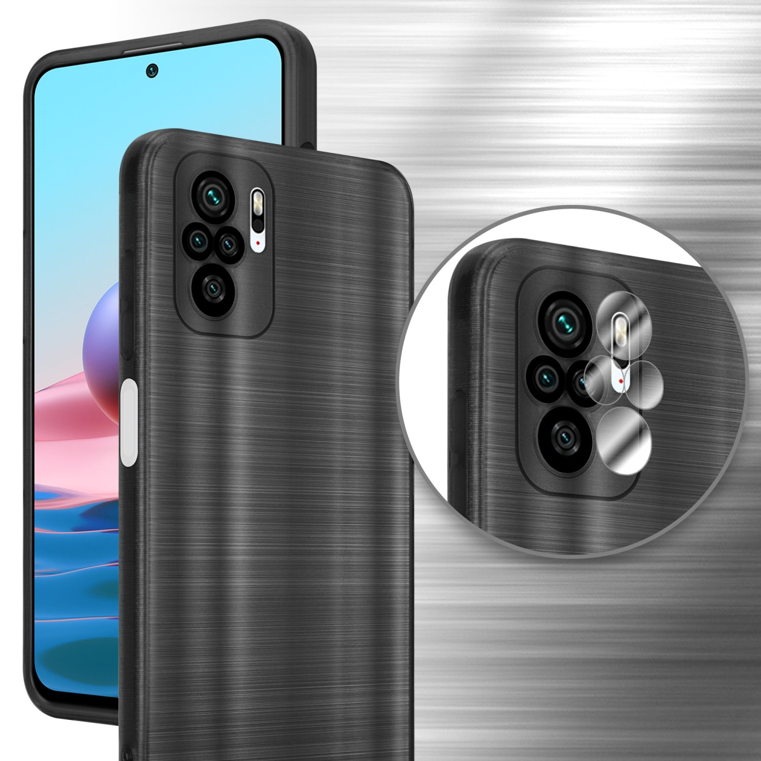Una custodia nera per telefono con più fotocamere e un telefono con schermo blu.