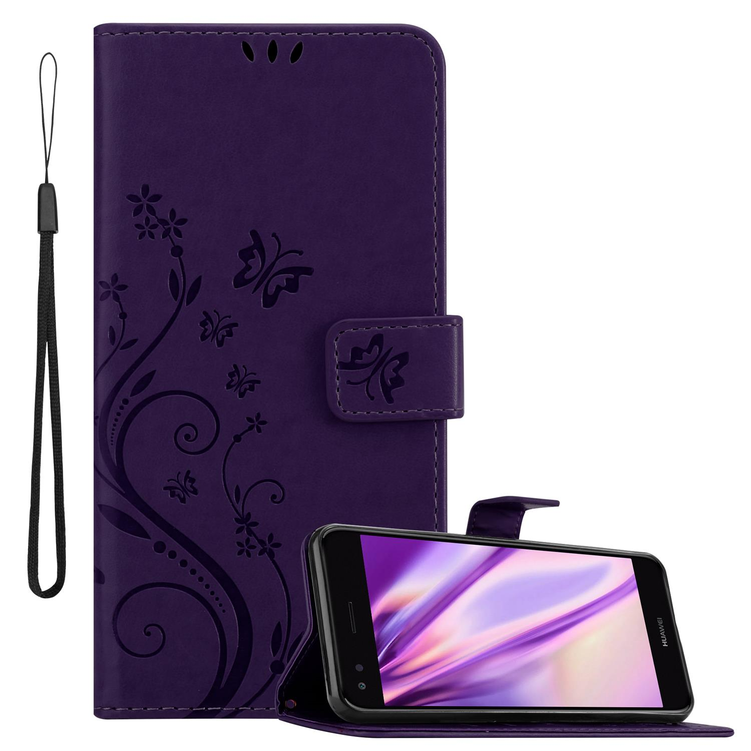 Lila Handyhülle mit floralem Design. Telefon wird in der Hülle angezeigt. Schwarzer Riemen.