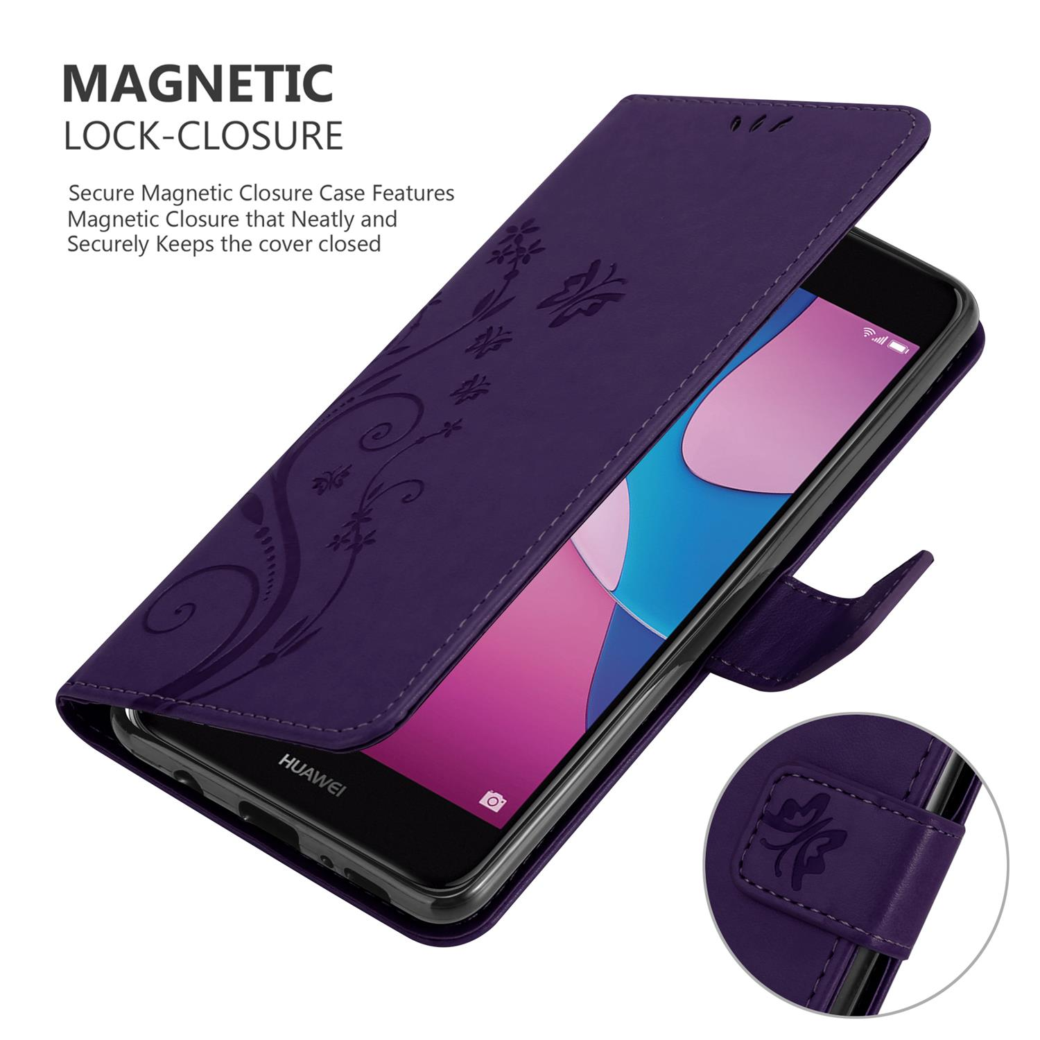 Lila Handyhülle mit floralem Design, offen. Telefonbildschirm wird angezeigt. Weißer Hintergrund.