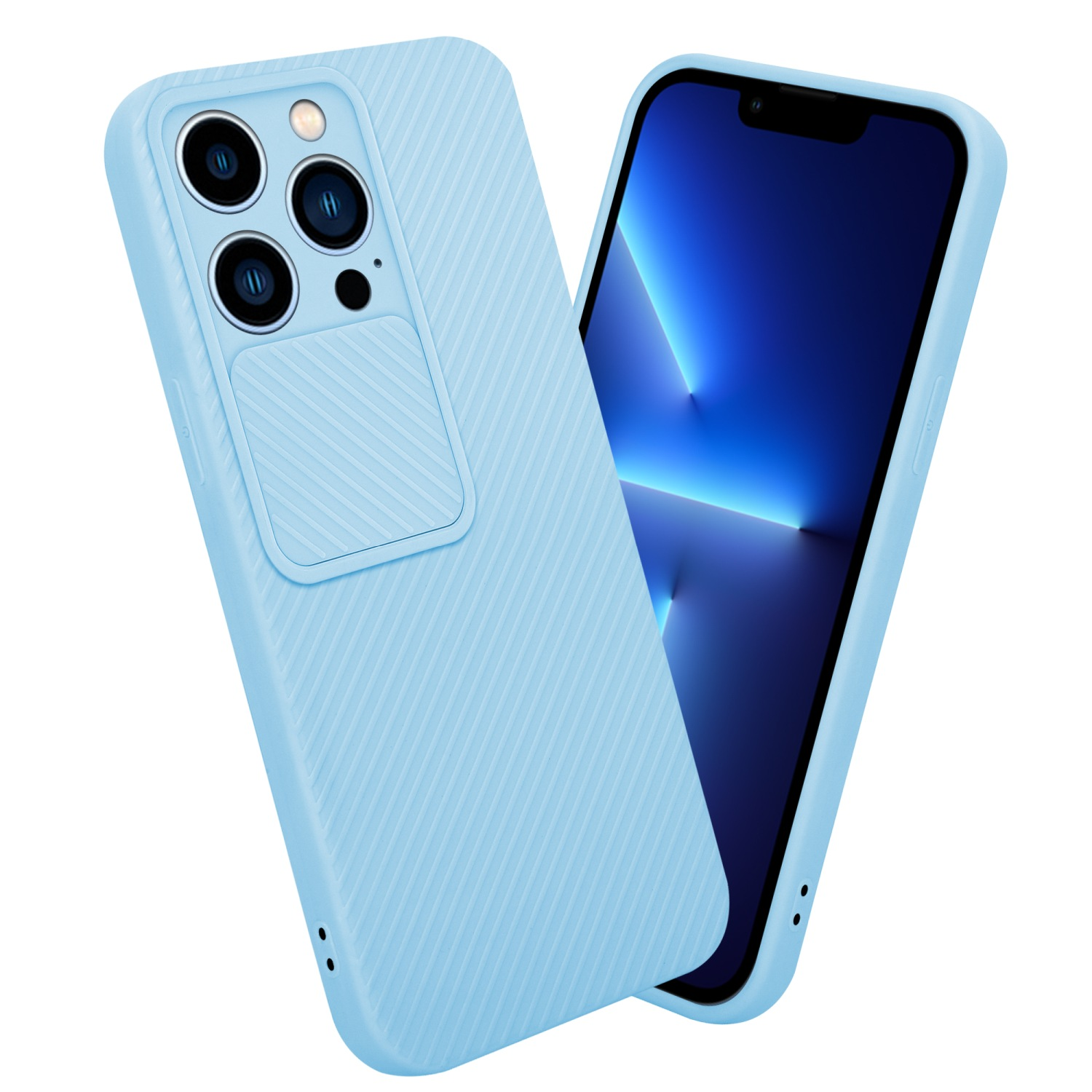 Due custodie per telefono blu, una con lo schermo del telefono visibile.