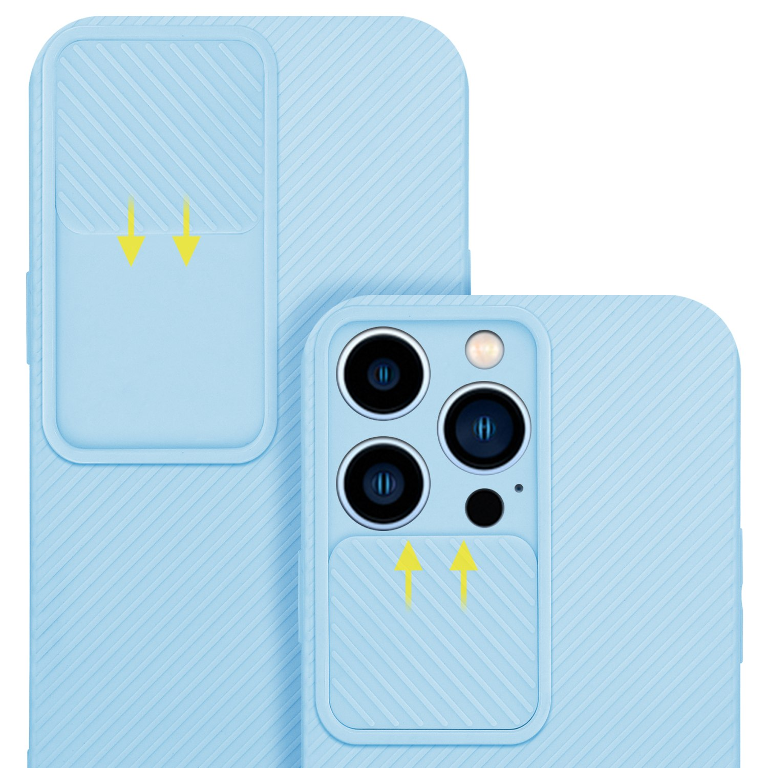 Due custodie per telefono azzurre con protezione fotocamera. Frecce indicano la direzione.