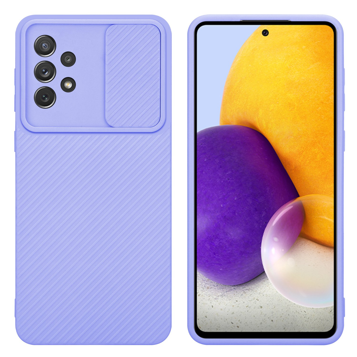 Lila Handyhülle mit Kameraabdeckung, Telefon rechts. Weißer Hintergrund.