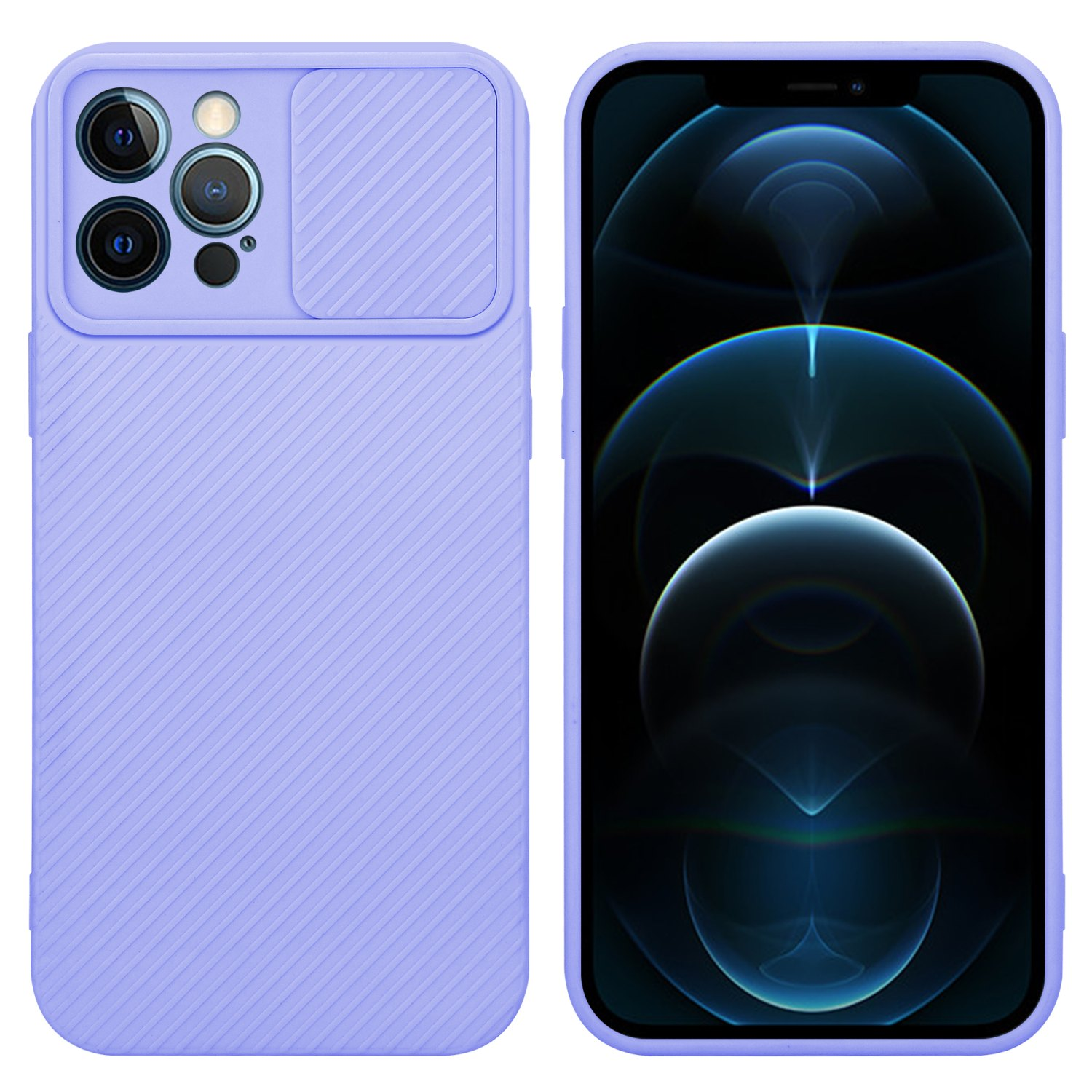 Lila Handyhülle mit Kameraabdeckung, Telefonbildschirm zeigt blaues abstraktes Bild.