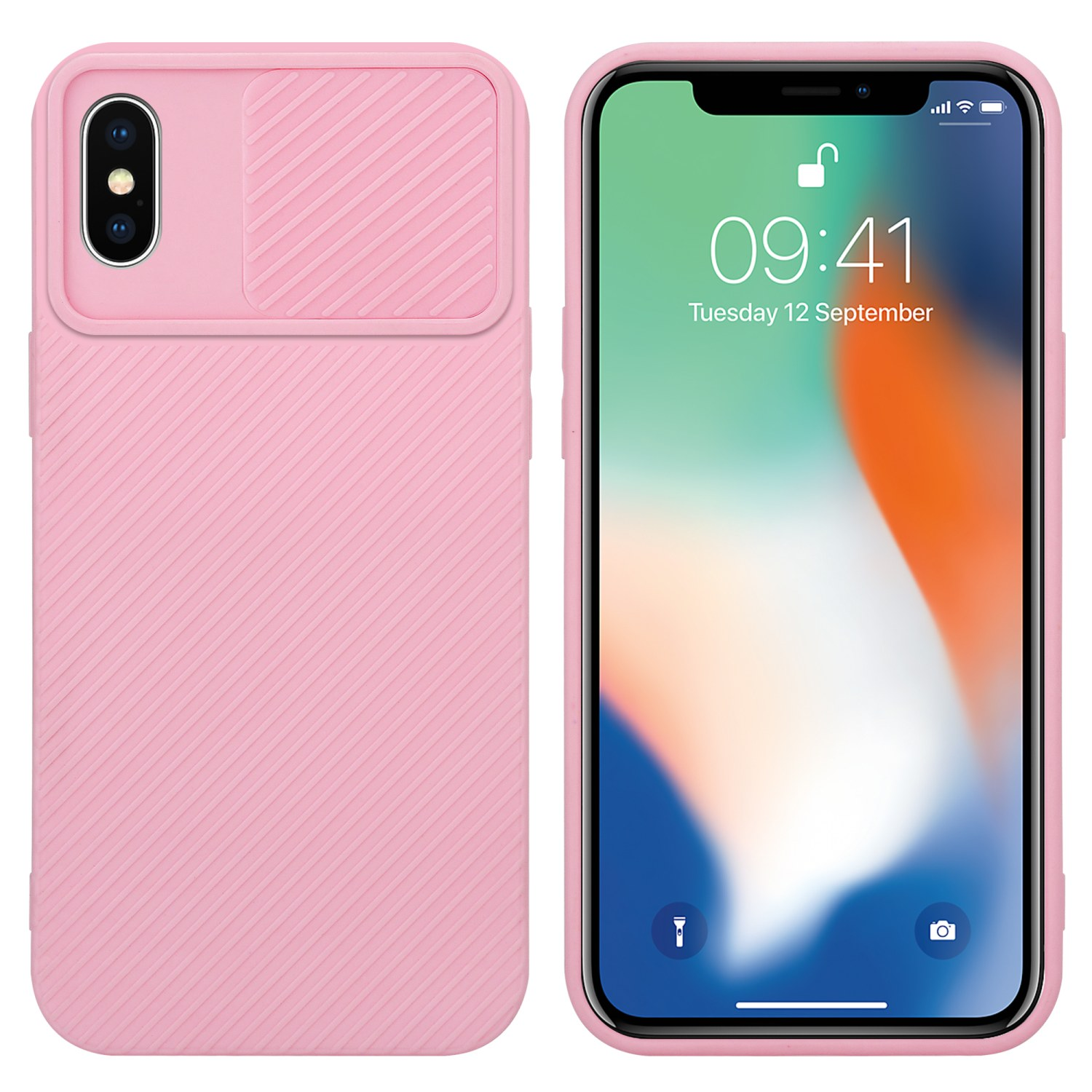 Rosa Handyhülle mit Kameraabdeckung neben einem Telefon, das einen Bildschirm mit Datum und Uhrzeit zeigt.