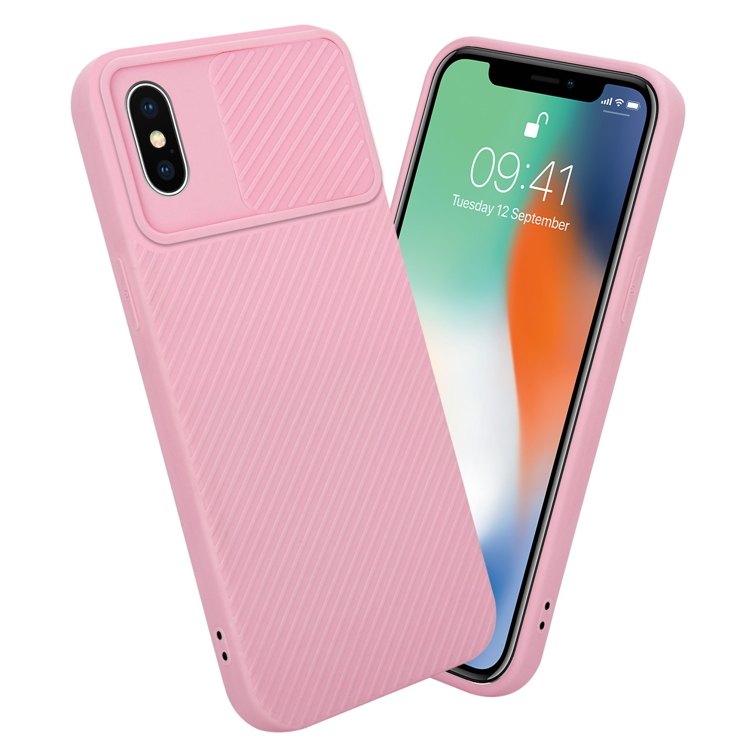 Rosa Handyhülle mit Kameraabdeckung und weißem Hintergrund. Ein Handy ist zu sehen.