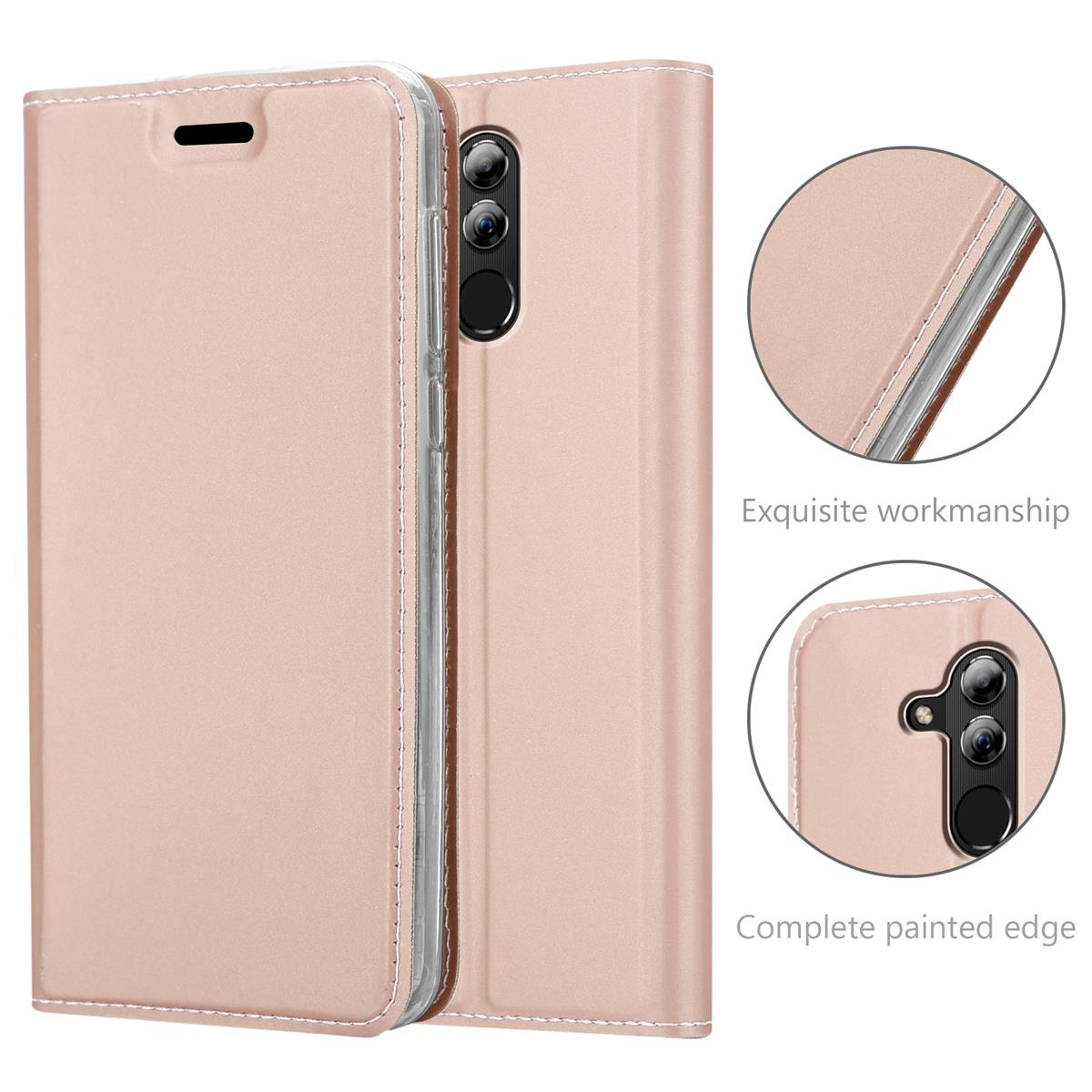 Custodia rosa per telefono, aperta per rivelare il telefono. I dettagli evidenziano cuciture e area fotocamera.