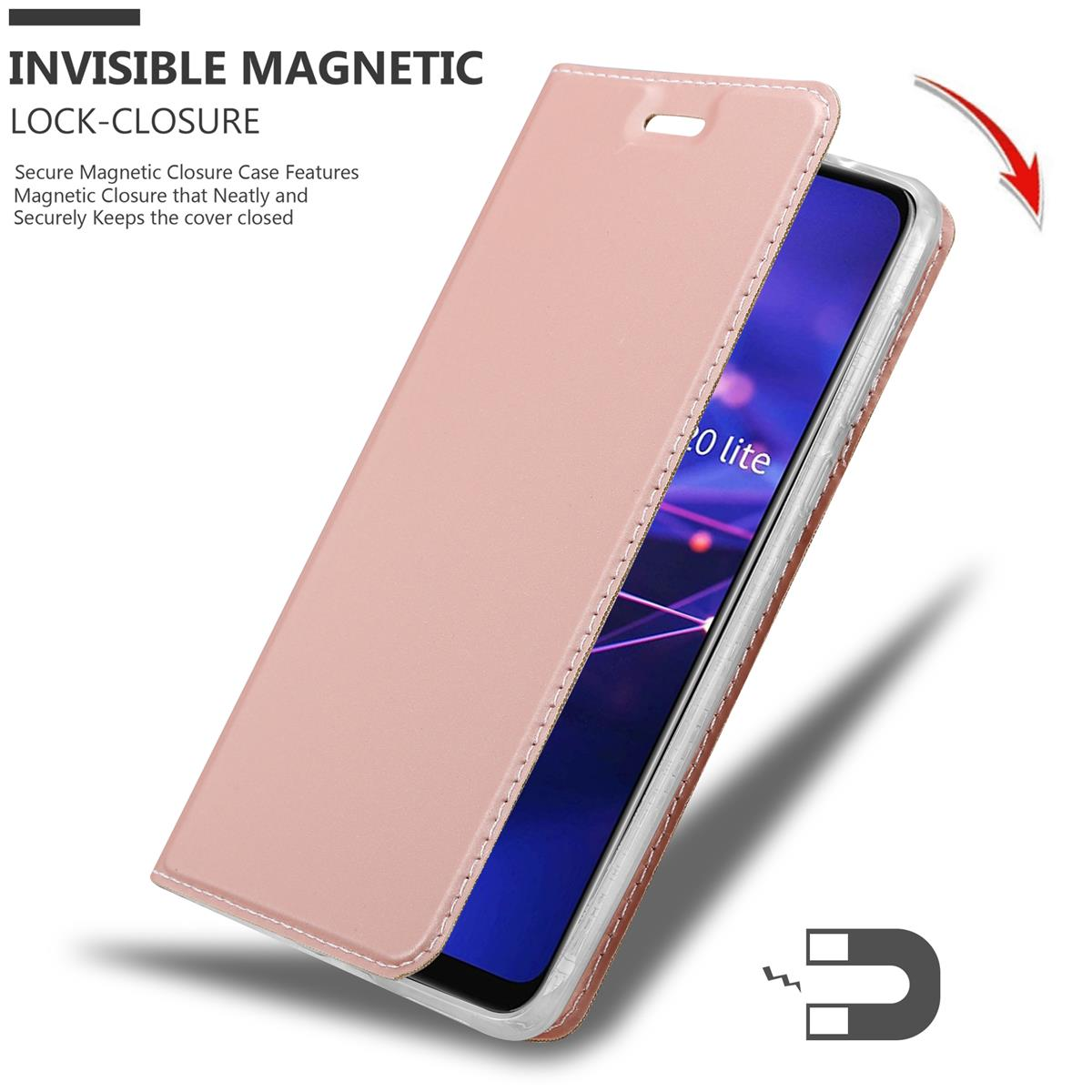 Custodia rosa con chiusura magnetica, telefono visibile. Cuciture bianche. Testo: Chiusura magnetica invisibile.