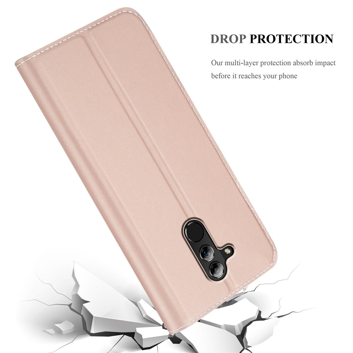 Custodia rosa con protezione contro le cadute, che mostra il telefono che cade, su una superficie incrinata, con un telefono all'interno.