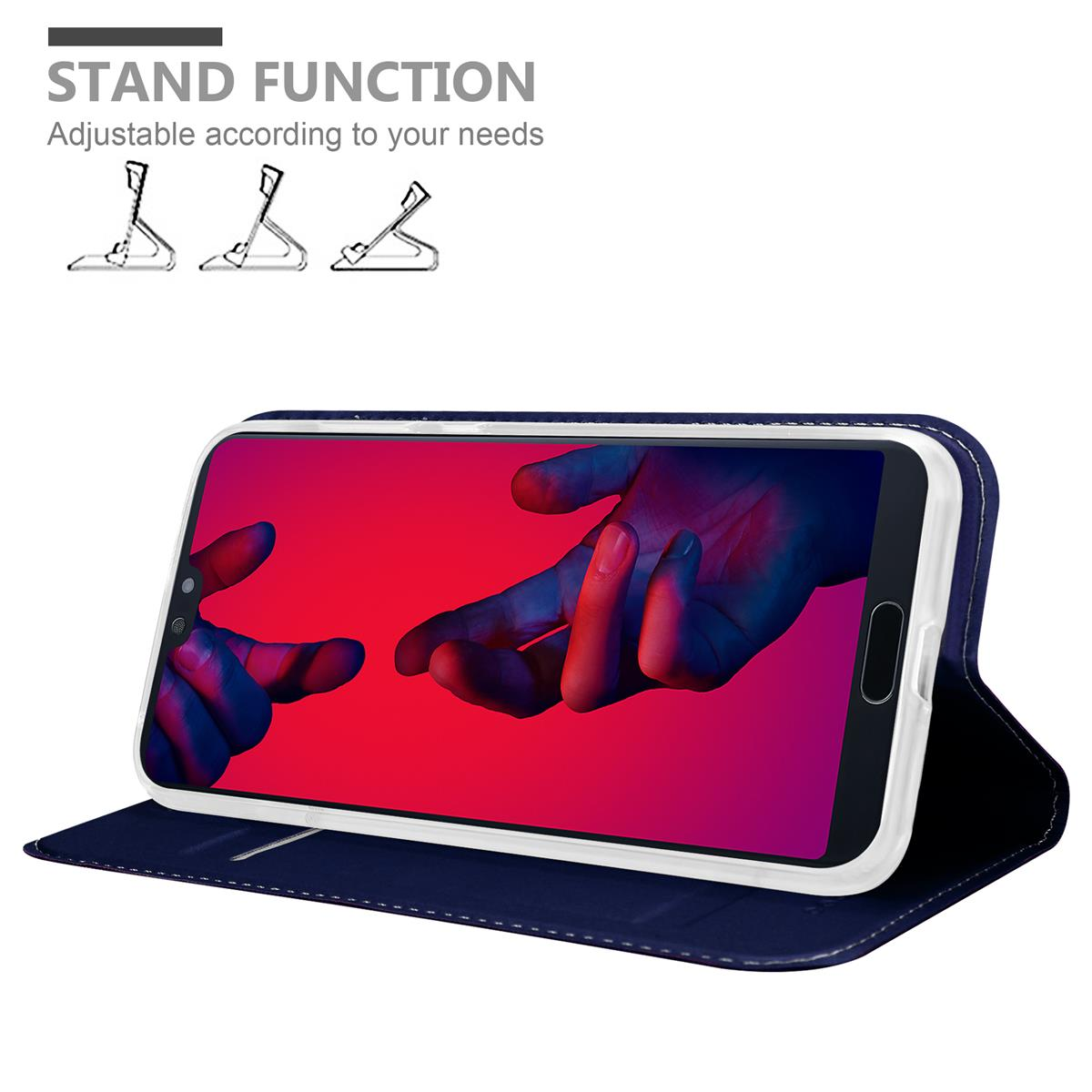 Telefon in einer blauen Hülle, hochgestellt. Text: STAND FUNCTION. Drei kleine Stand-Illustrationen. Weißer Hintergrund.