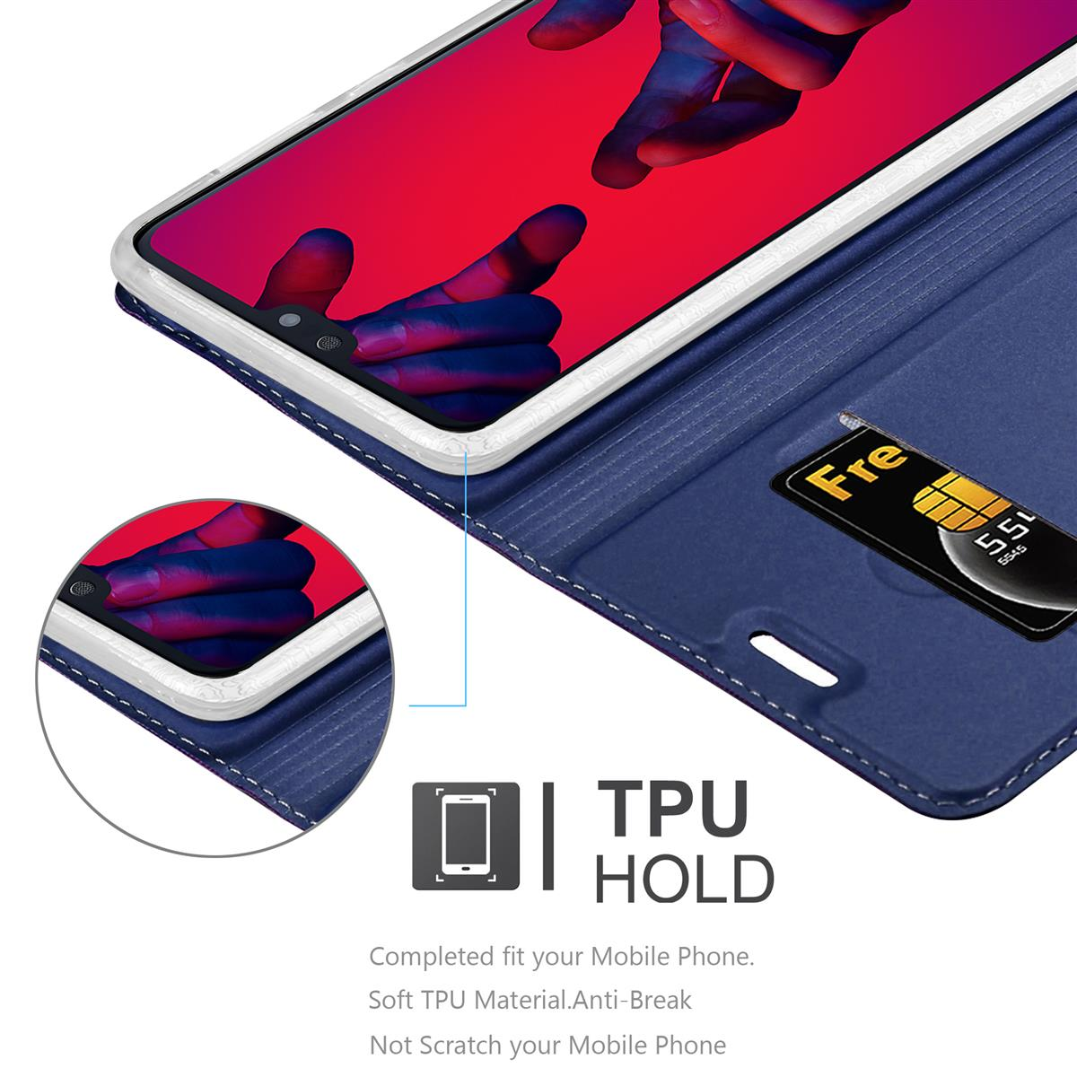 Blaue Handyhülle mit Telefon, zeigt TPU-Halterung und Funktionen.
