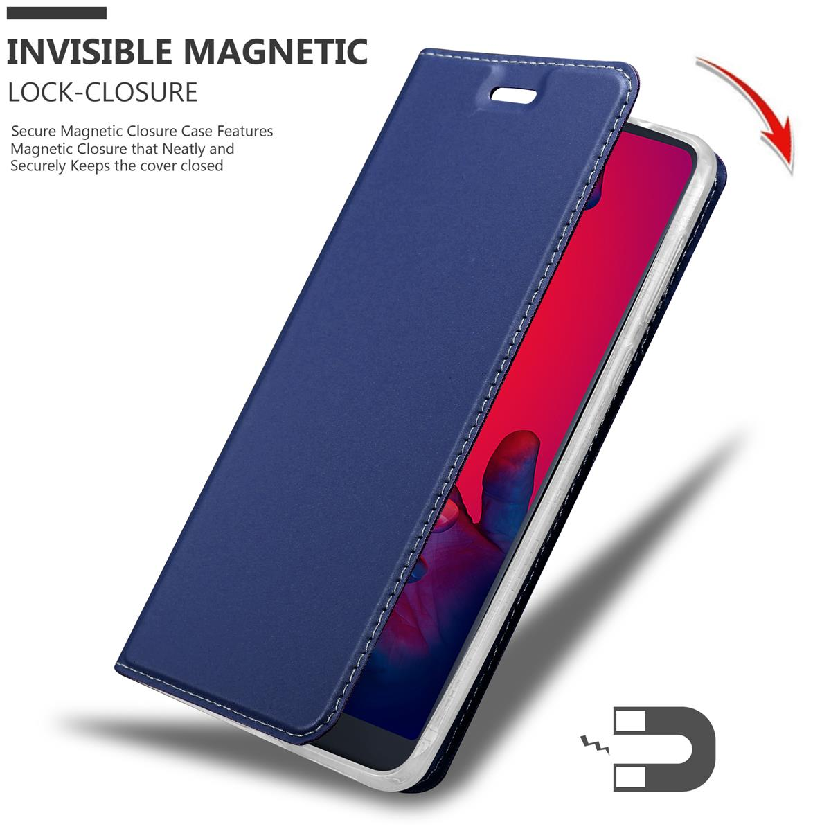 Blaue Handyhülle, offen. Im Inneren ein Telefon. Magnetverschluss. Weißer Hintergrund.