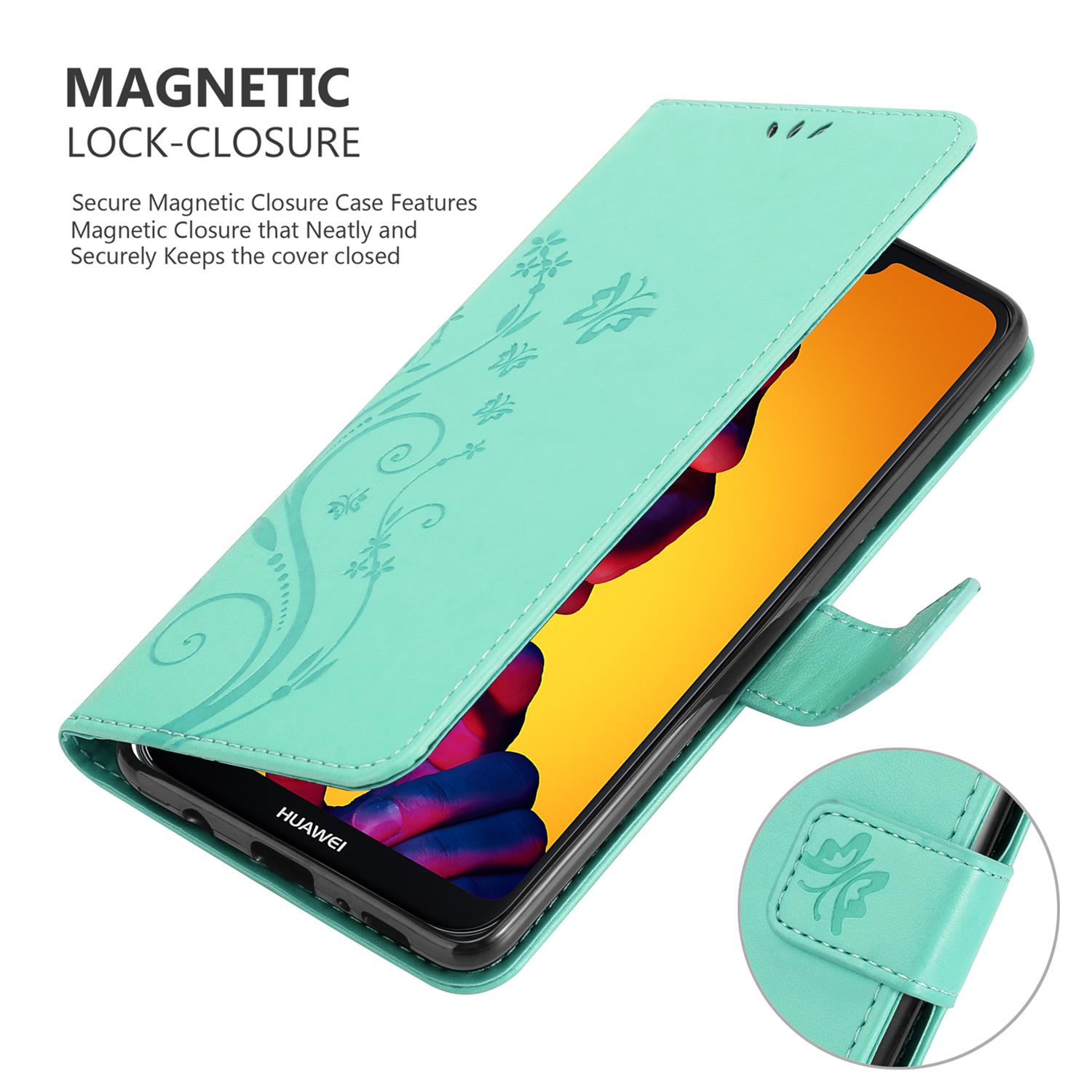 Étui de téléphone turquoise avec un motif floral ouvert pour révéler le téléphone. Dispose d'une fermeture magnétique.