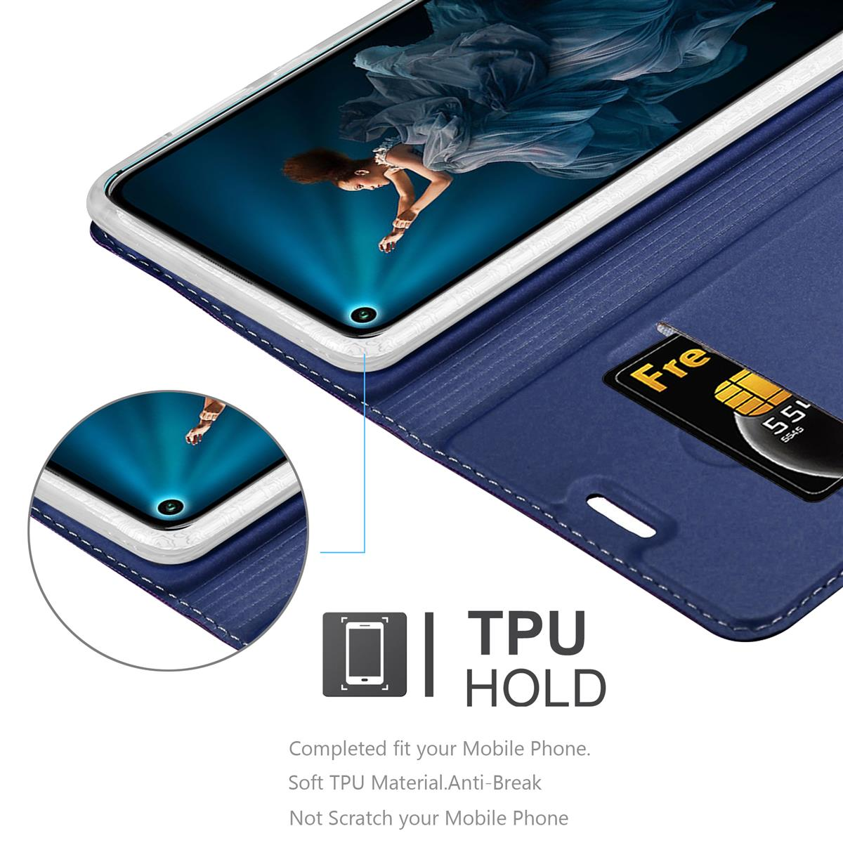 Blaue Handyhülle, offen, mit Telefon. SIM-Karte sichtbar. Weiße Nähte.