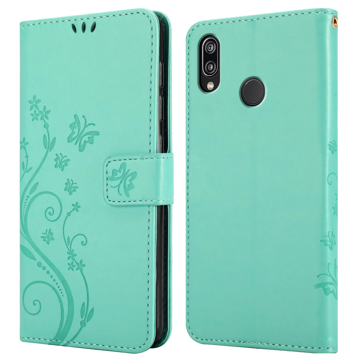 Zweiteilige tealfarbene Handyhülle mit Blumen- und Schmetterlingsdesign.