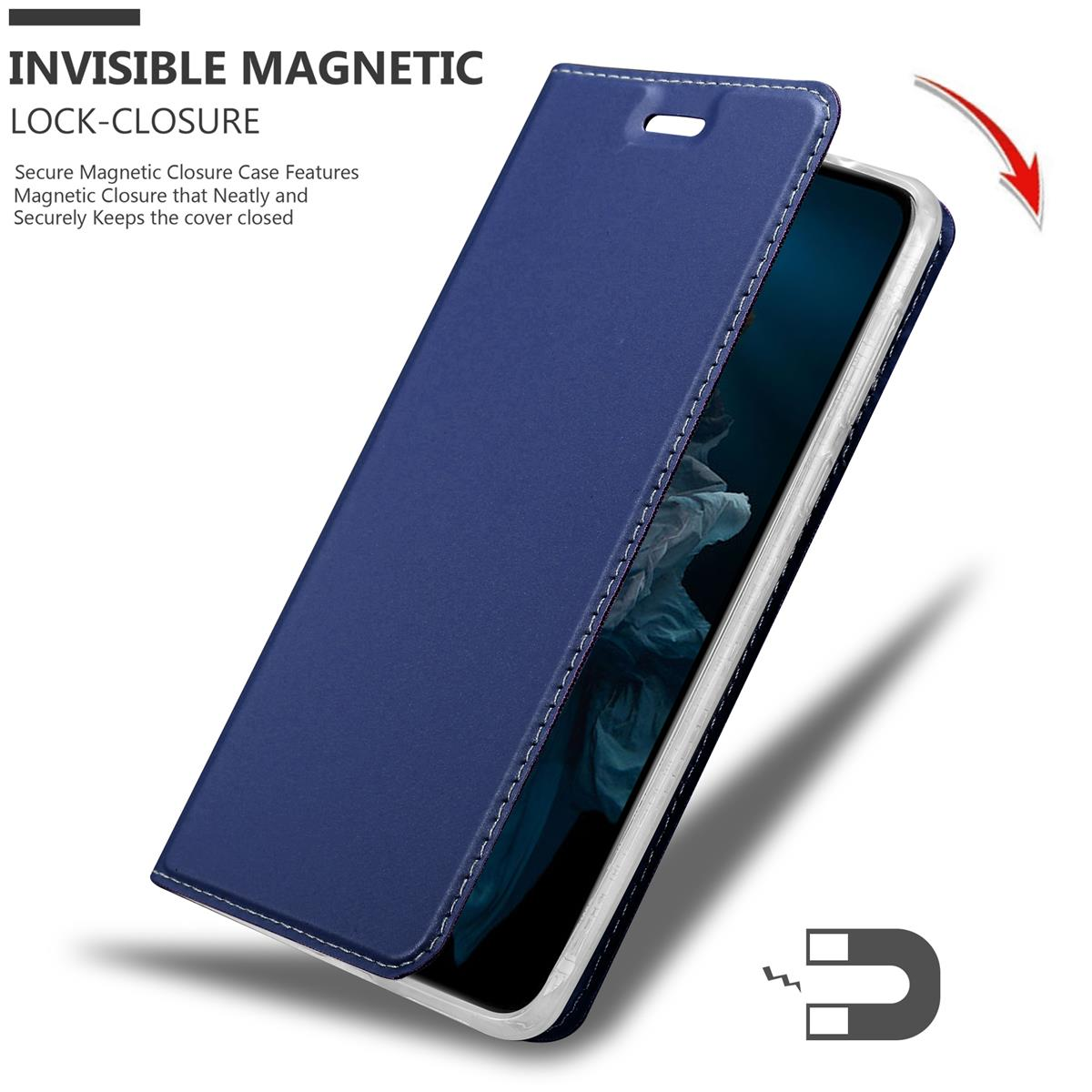 Eine blaue Handyhülle geöffnet, die einen Magneten zeigt. Der Text lautet: Unsichtbarer Magnetverschluss.