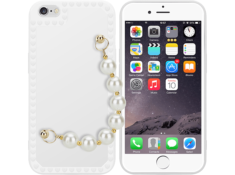CADORABO Schutzhülle mit Kette, Backcover, iPhone Handgelenk / 6S, Apple, Weiß Perlen mit 6