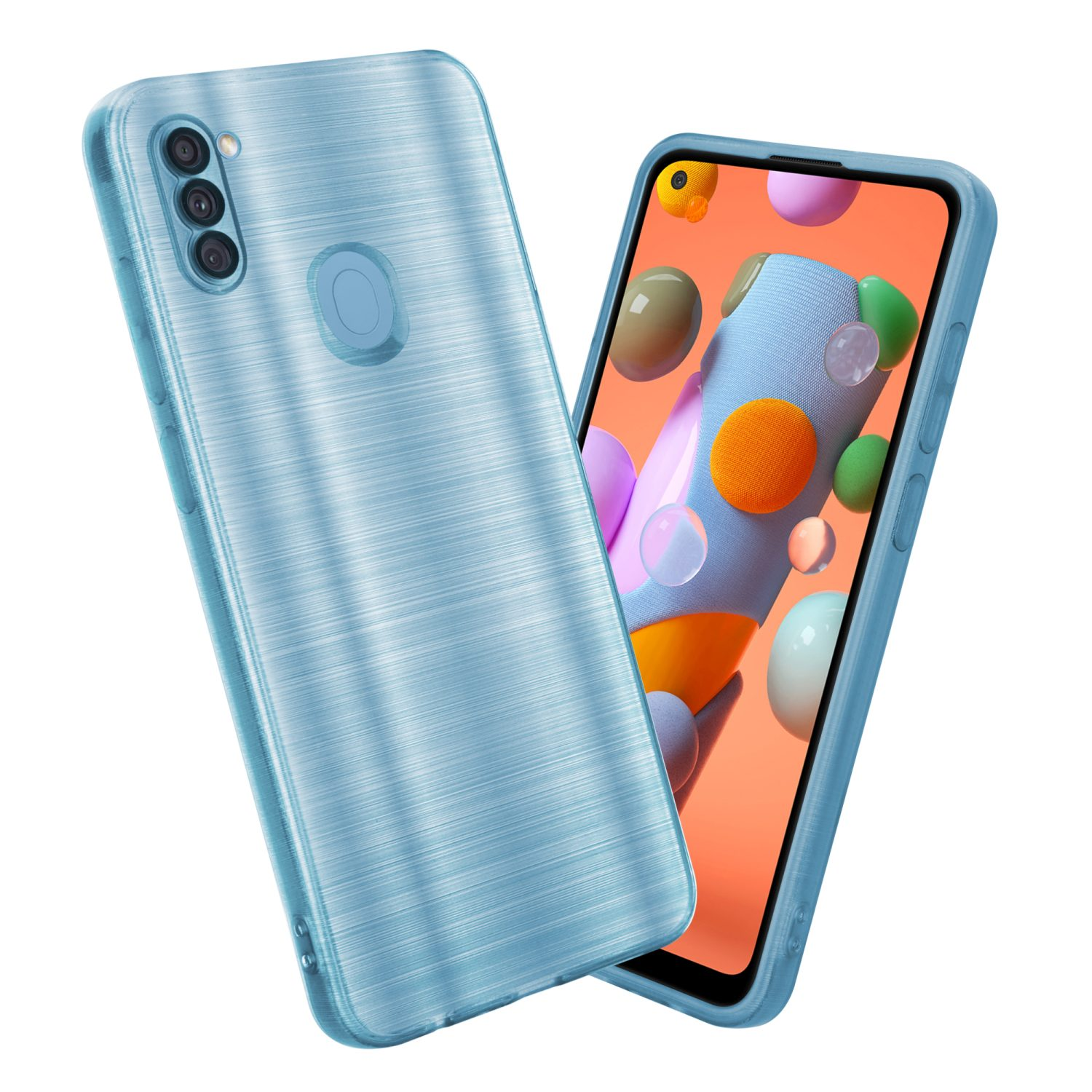 Due custodie per telefono blu, una con lo schermo del telefono visibile.