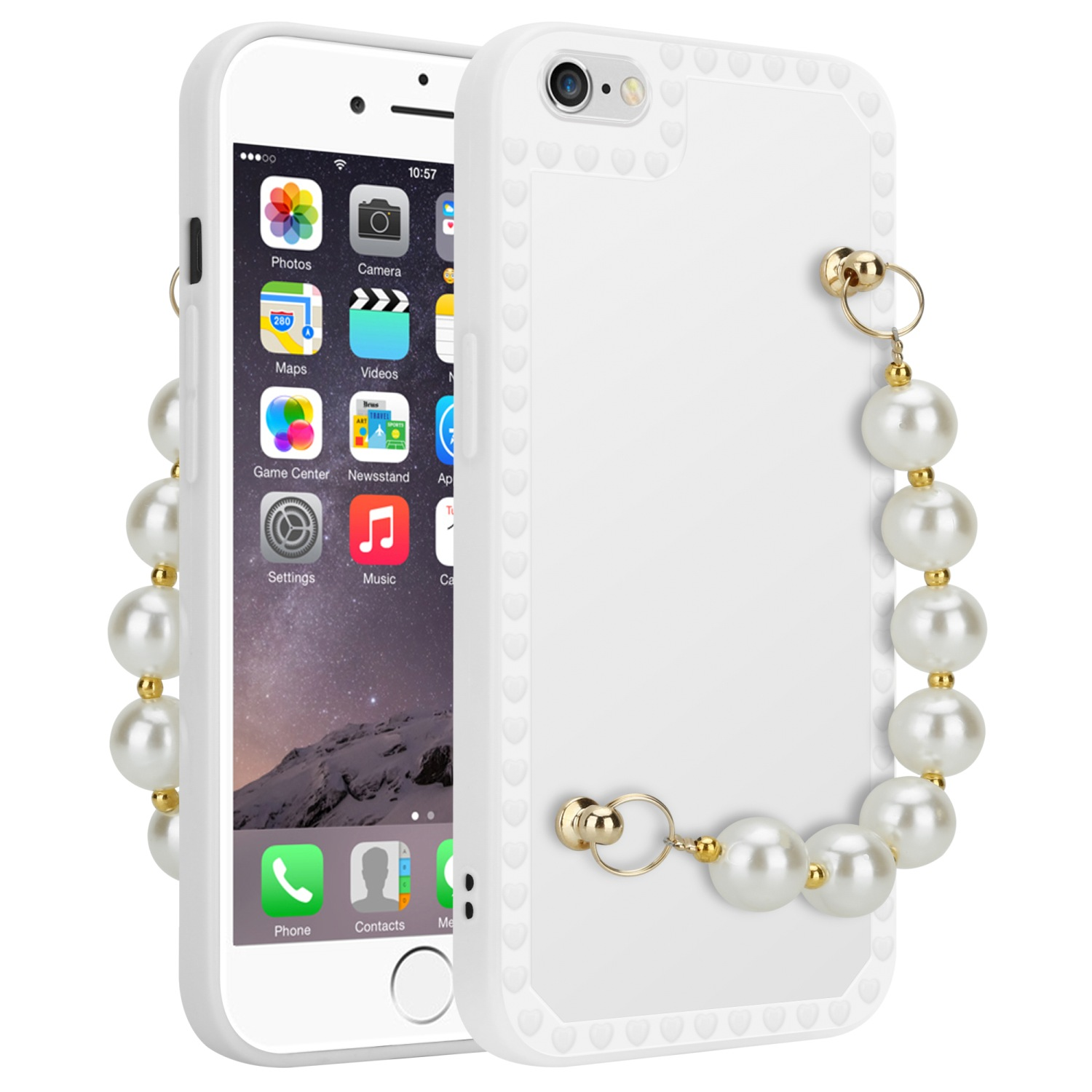 CADORABO Schutzhülle mit Kette, Backcover, iPhone Handgelenk / 6S, Apple, Weiß Perlen mit 6