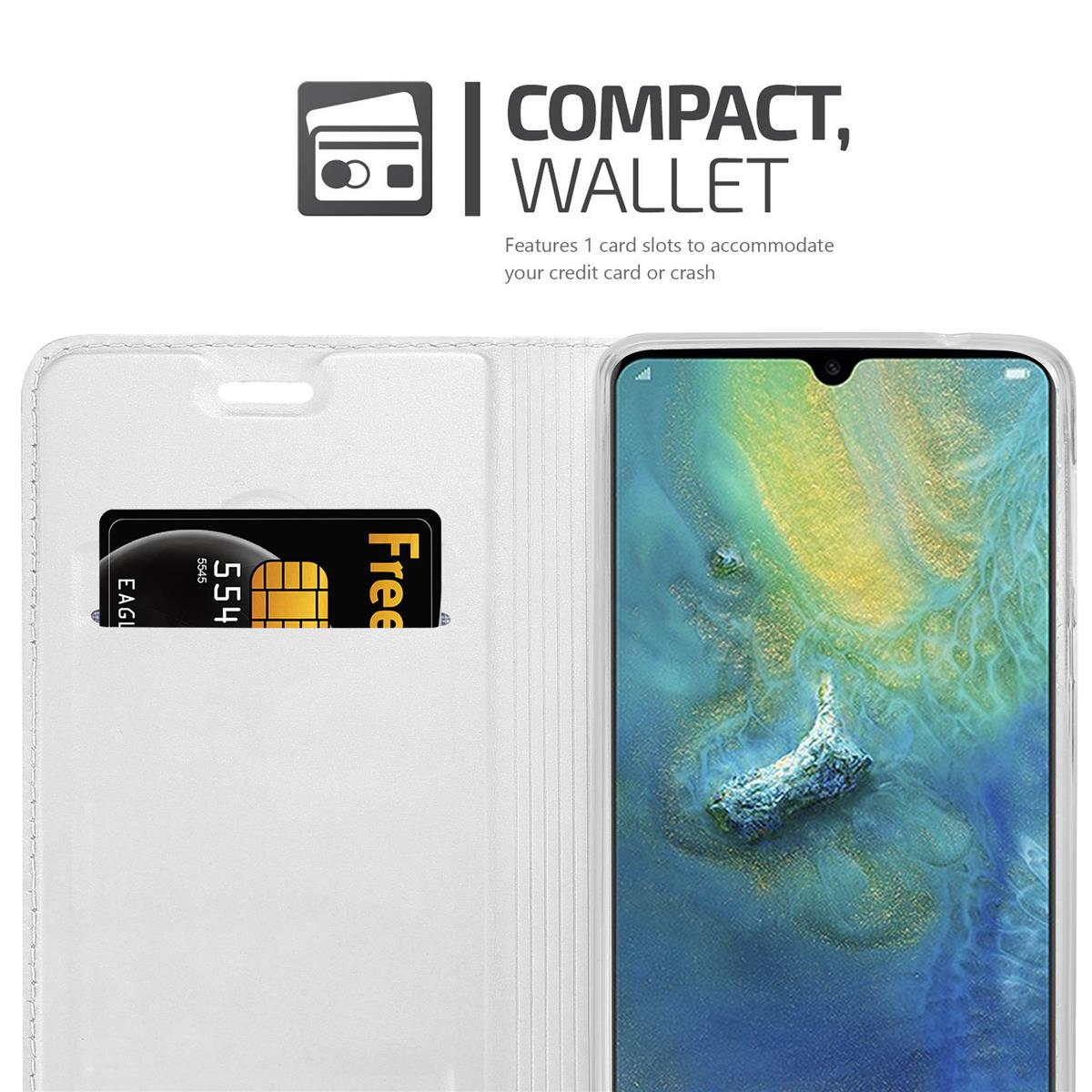 Telefon in weißem Etui mit Kreditkartenfach. Text: kompakte Brieftasche.