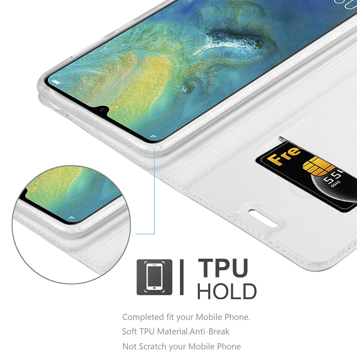 Weiße Handyhülle geöffnet. Telefon im Inneren, zeigt Karte und Geld. Details des TPU-Haltextes sind angegeben.
