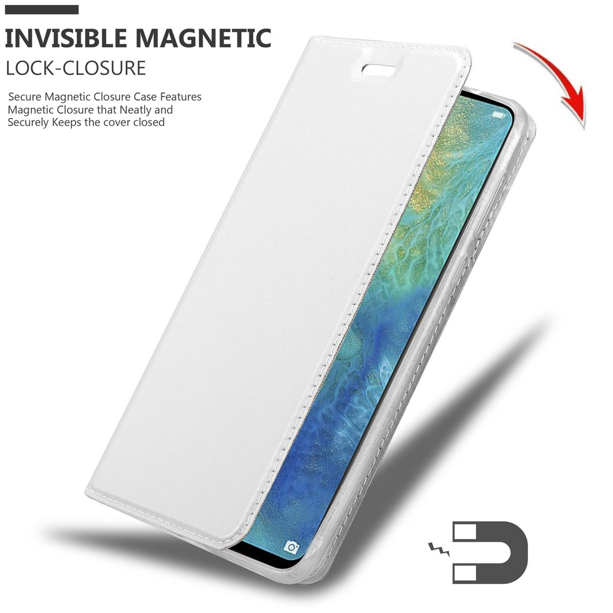 Weiße Handyhülle mit Magnetverschluss-Design. Das Telefon ist innen.