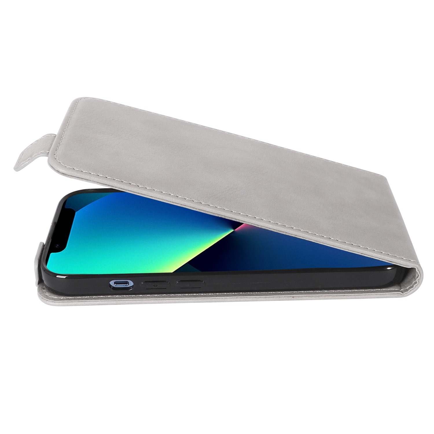 Telefon in einer grauen Flip-Hülle, geöffnet und abgewinkelt. Der Bildschirm ist sichtbar.