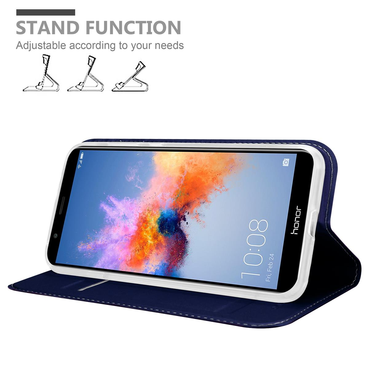 Eine blaue Handyhülle mit Standfunktion, der Bildschirm ist sichtbar. Text lautet Standfunktion.