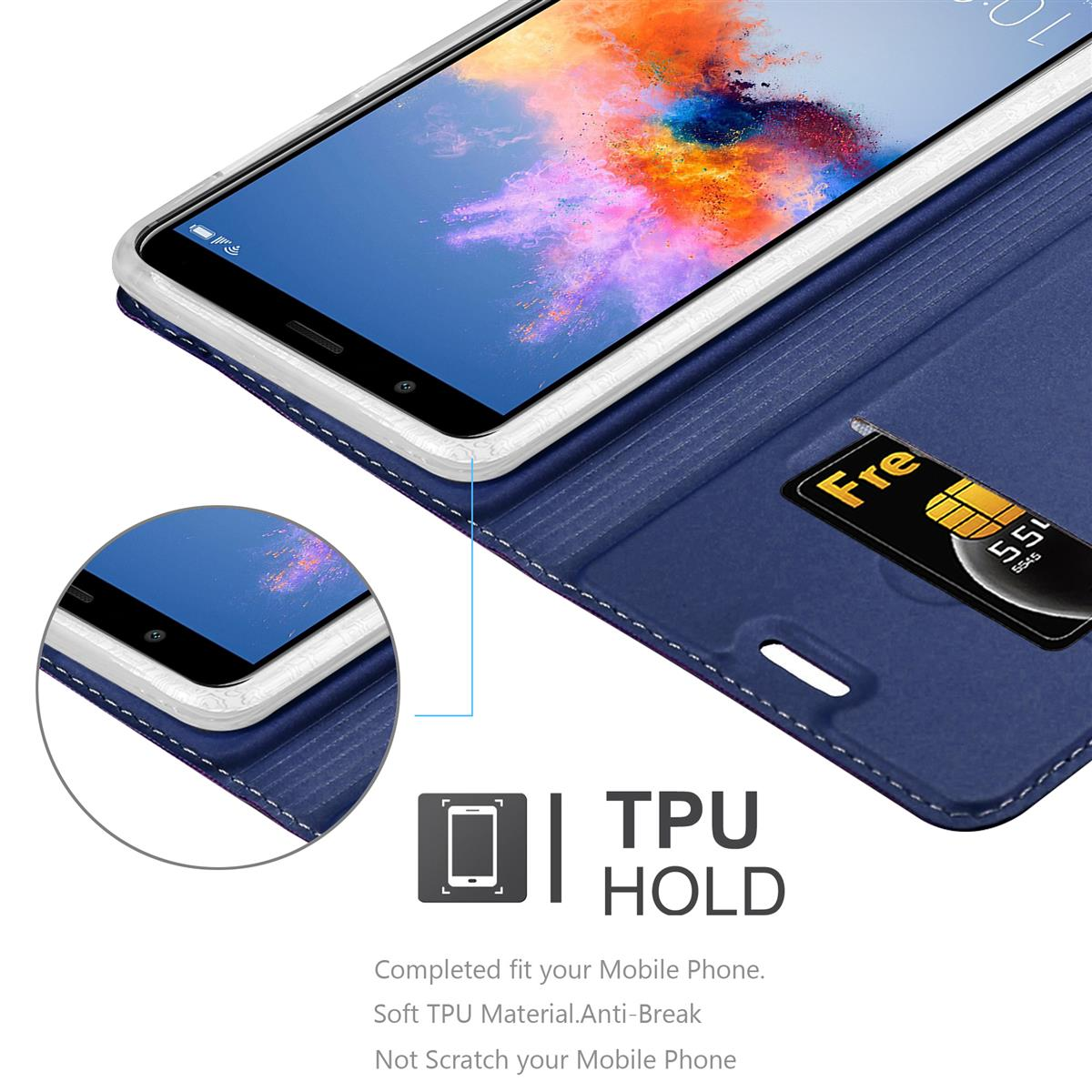 Blaue Handyhülle mit Telefon im Inneren. Der Text lautet TPU-Halterung.