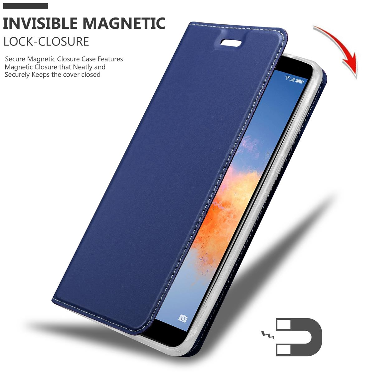 Blaue Handyhülle mit Telefon darin, die Hülle ist offen mit magnetischem Verschlussdesign.