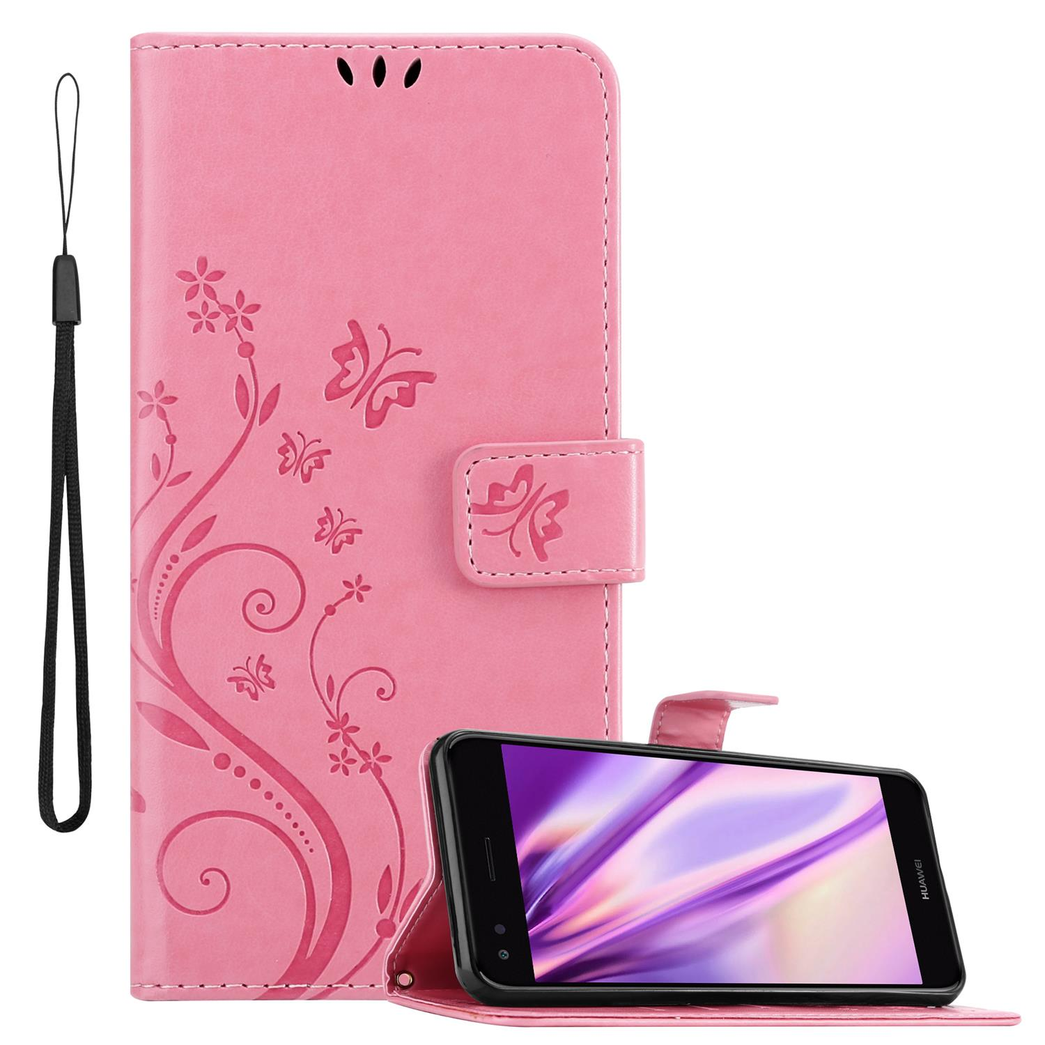 Rosa Handyhülle mit Blumendesign und Schmetterlingsdetails. Geöffnet, mit einem Handy mit lila Bildschirm.