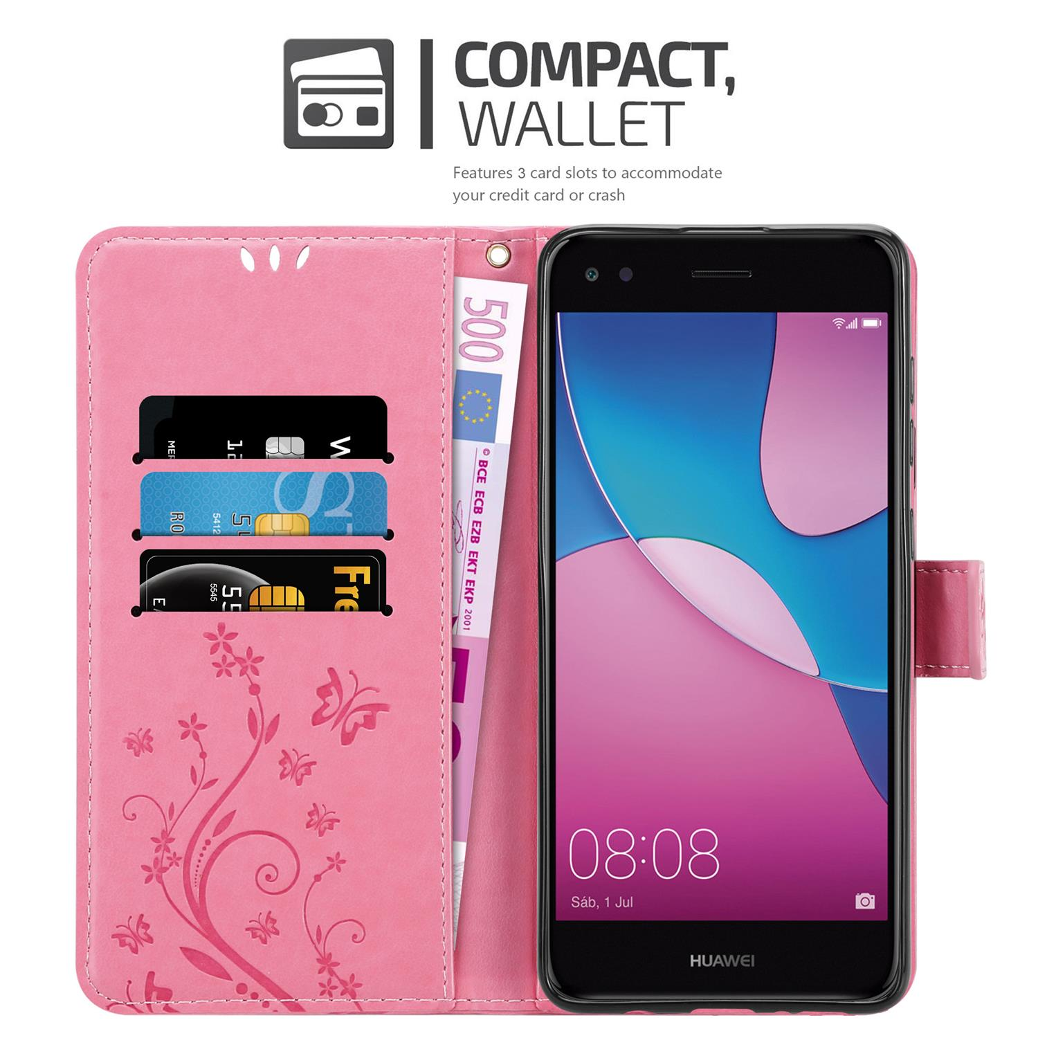Rosa Handyhülle, offen, um Telefon, Karten und Geld zu zeigen. Merkmale Floral- und Schmetterlingsdesign.