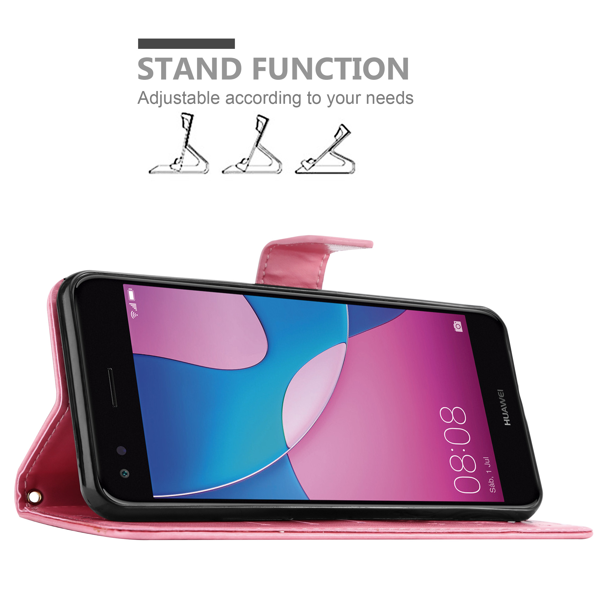 Rosa Handyhülle mit Telefon, geöffnet, zeigt Standfunktion.