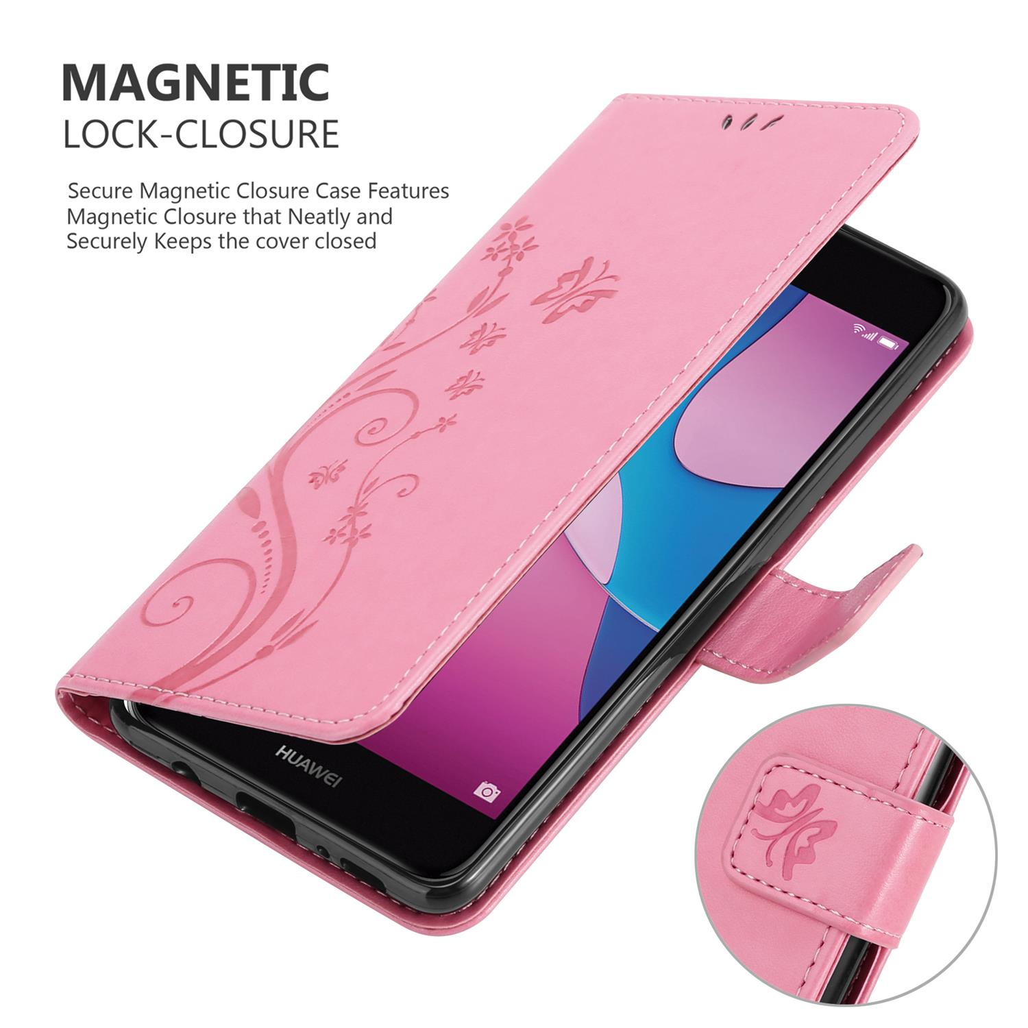 Rosa Handyhülle mit einem Telefon darin. Die Hülle hat ein Blumenmuster und einen Magnetverschluss. Weißer Hintergrund.