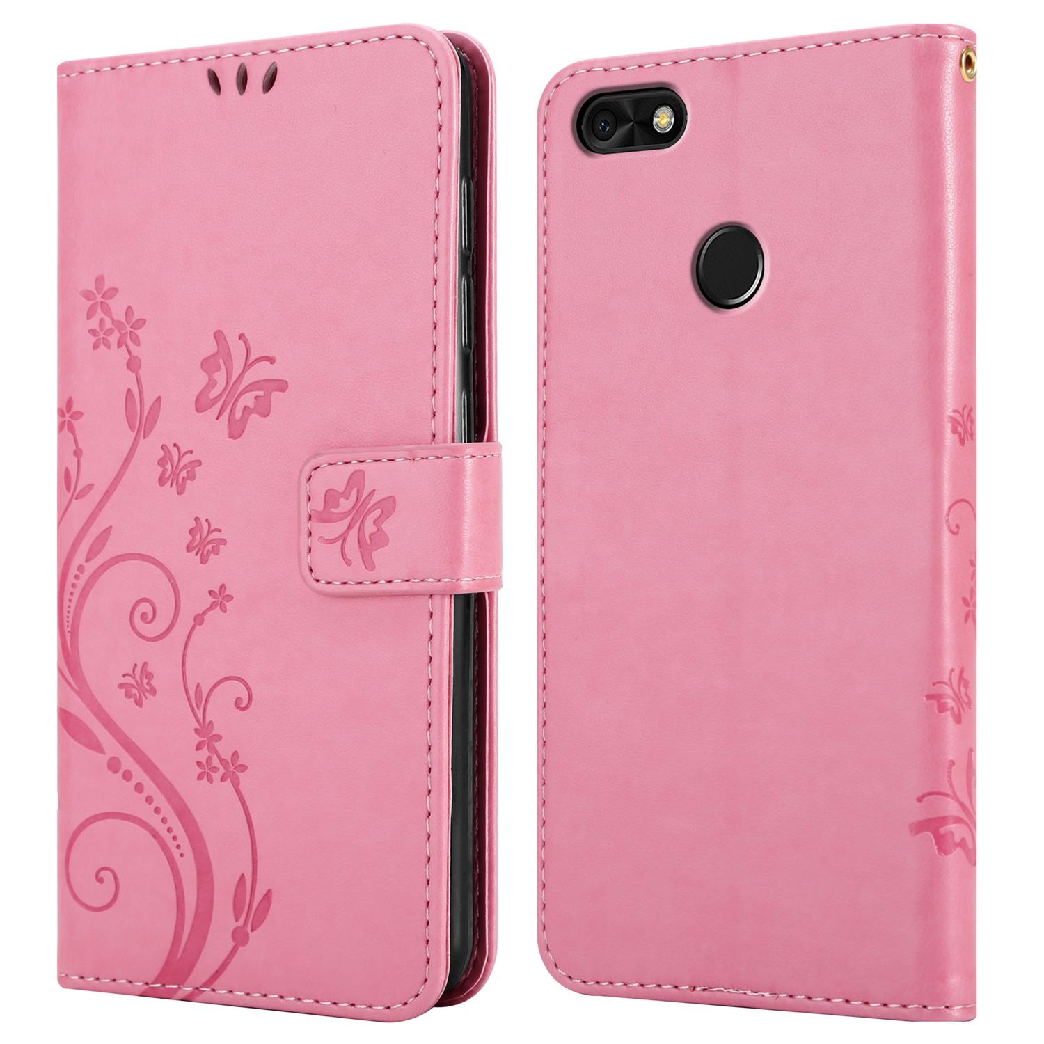 Rosa Handyhülle mit floralem Design. Die Hülle ist offen und zeigt die Rückseite des Telefons.