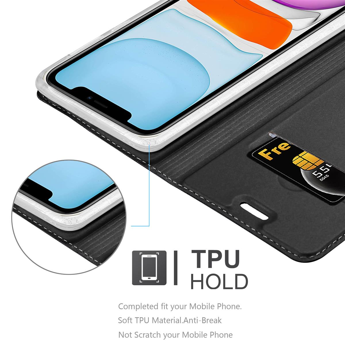 Telefono all'interno della custodia nera con carta nella fessura e segno TPU HOLD.