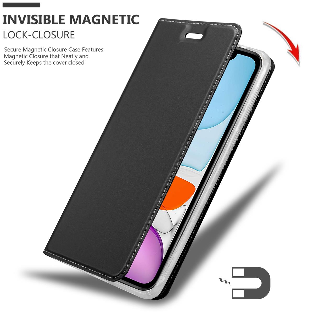 Custodia in pelle nera con chiusura magnetica.