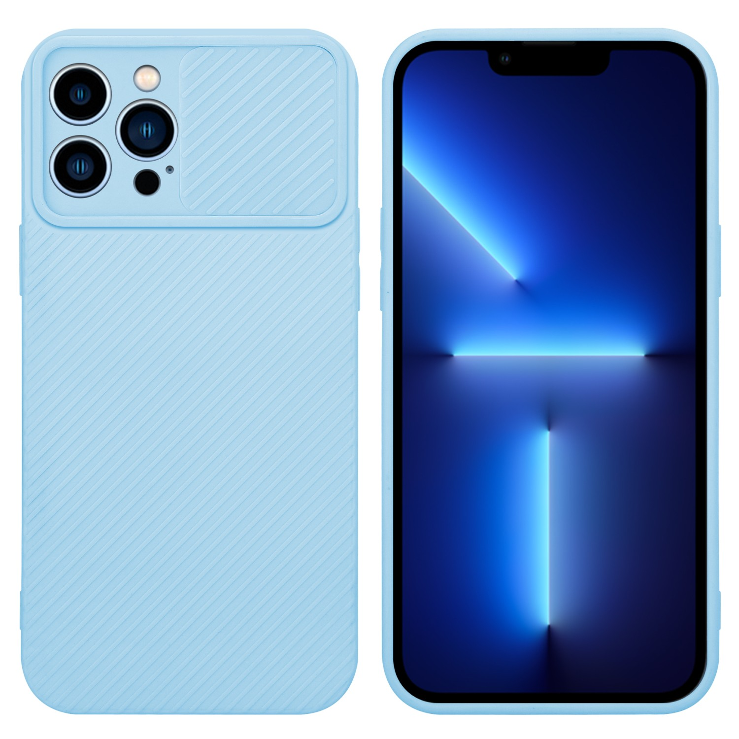 Hellblaue Handyhülle mit Telefon. Blauer Farbverlauf auf dem Telefonbildschirm. Weißer Hintergrund.
