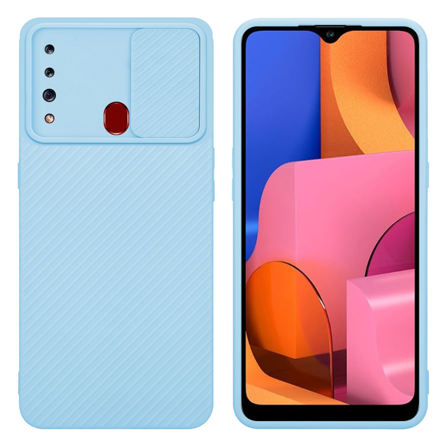 Blaue Handyhülle mit Telefon. Kamera und Abdeckung. Telefonbildschirm ist rosa und orange.