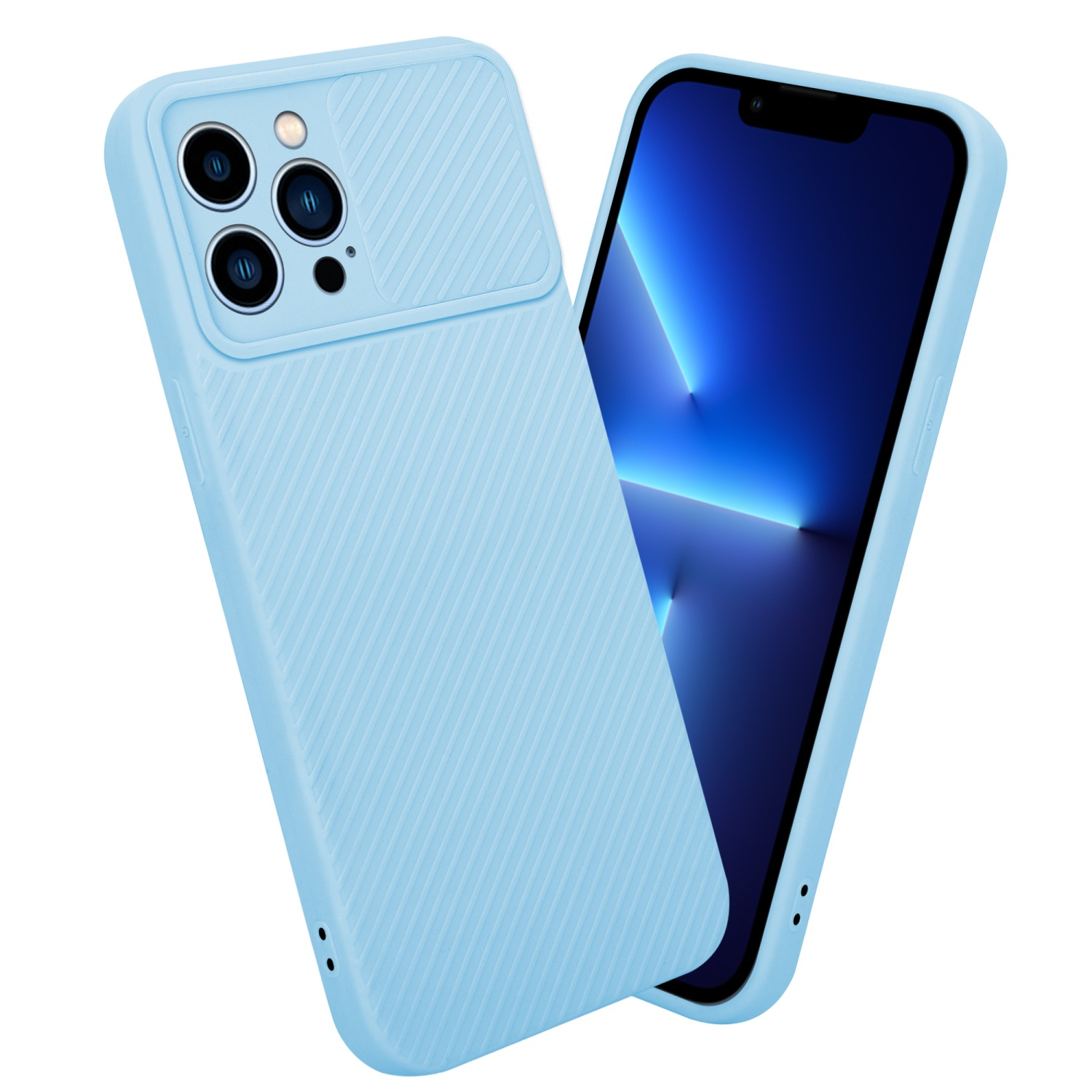 Hellblaue Handyhülle mit einem Telefon darin. Ein blauer Telefonbildschirm ist sichtbar.
