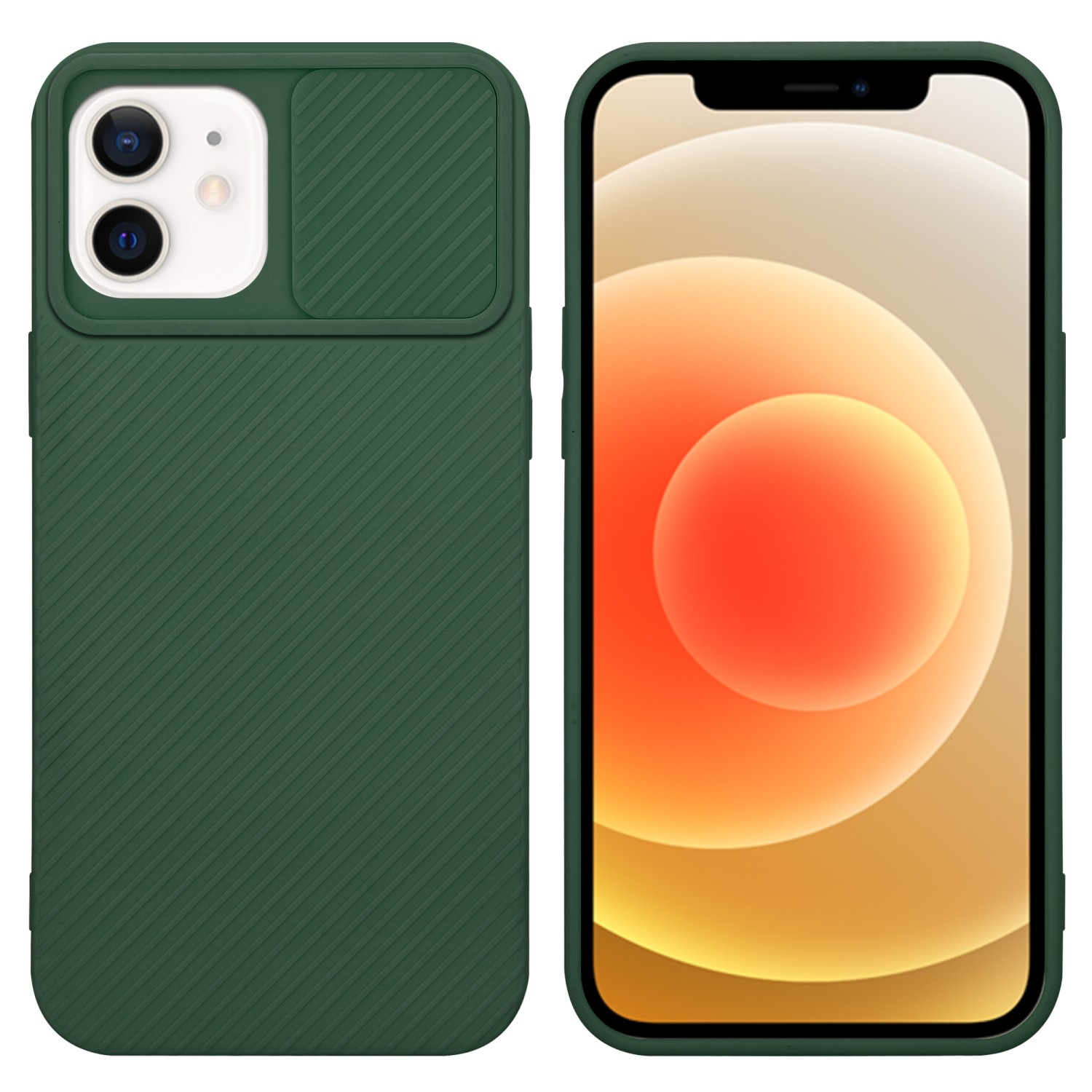 Grüne Handyhülle mit Kameraabdeckung, Telefonbildschirm zeigt orangefarbenen Kreis.