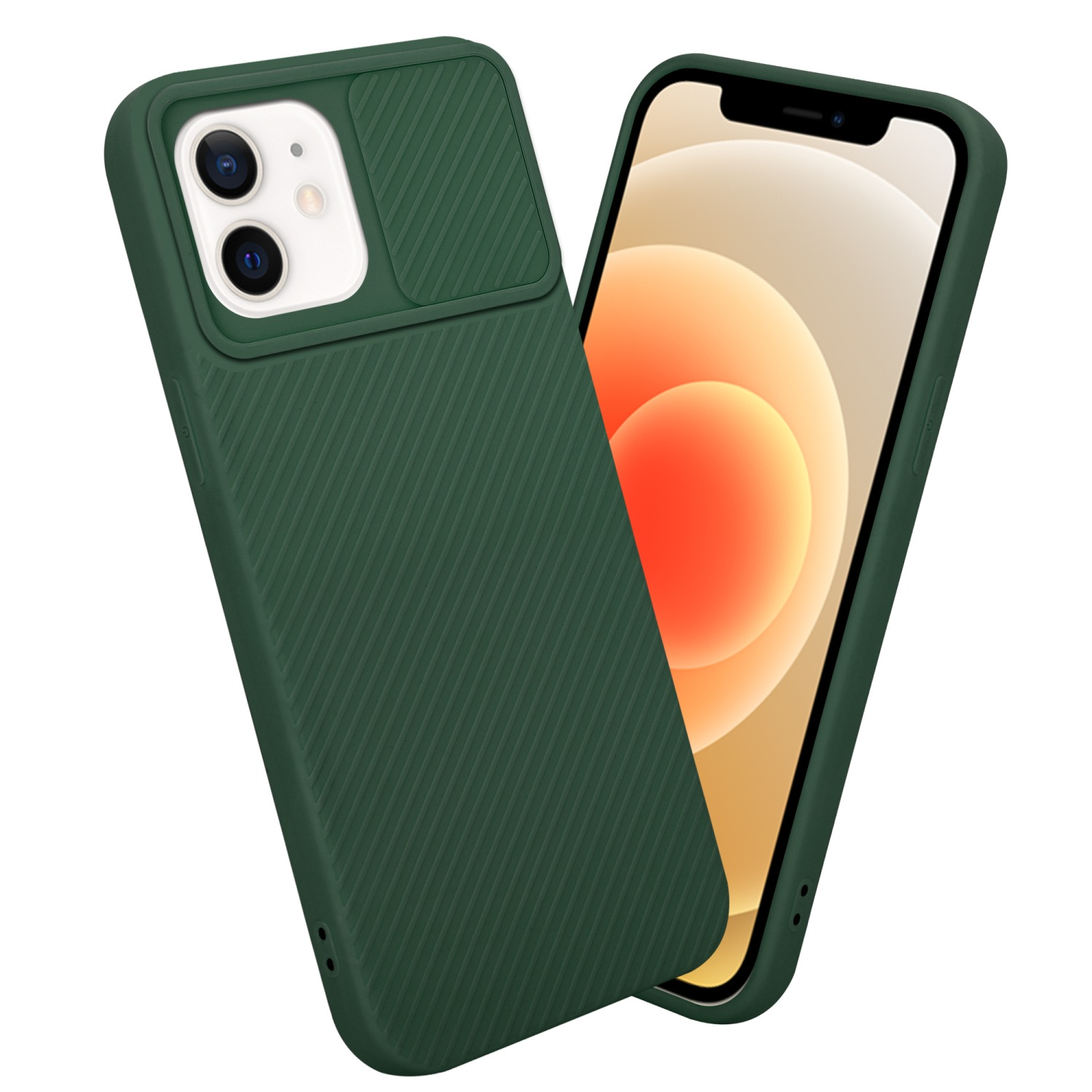 Grüne Handyhülle auf einem Telefon. Die Hülle bedeckt Rückseite und Seiten.